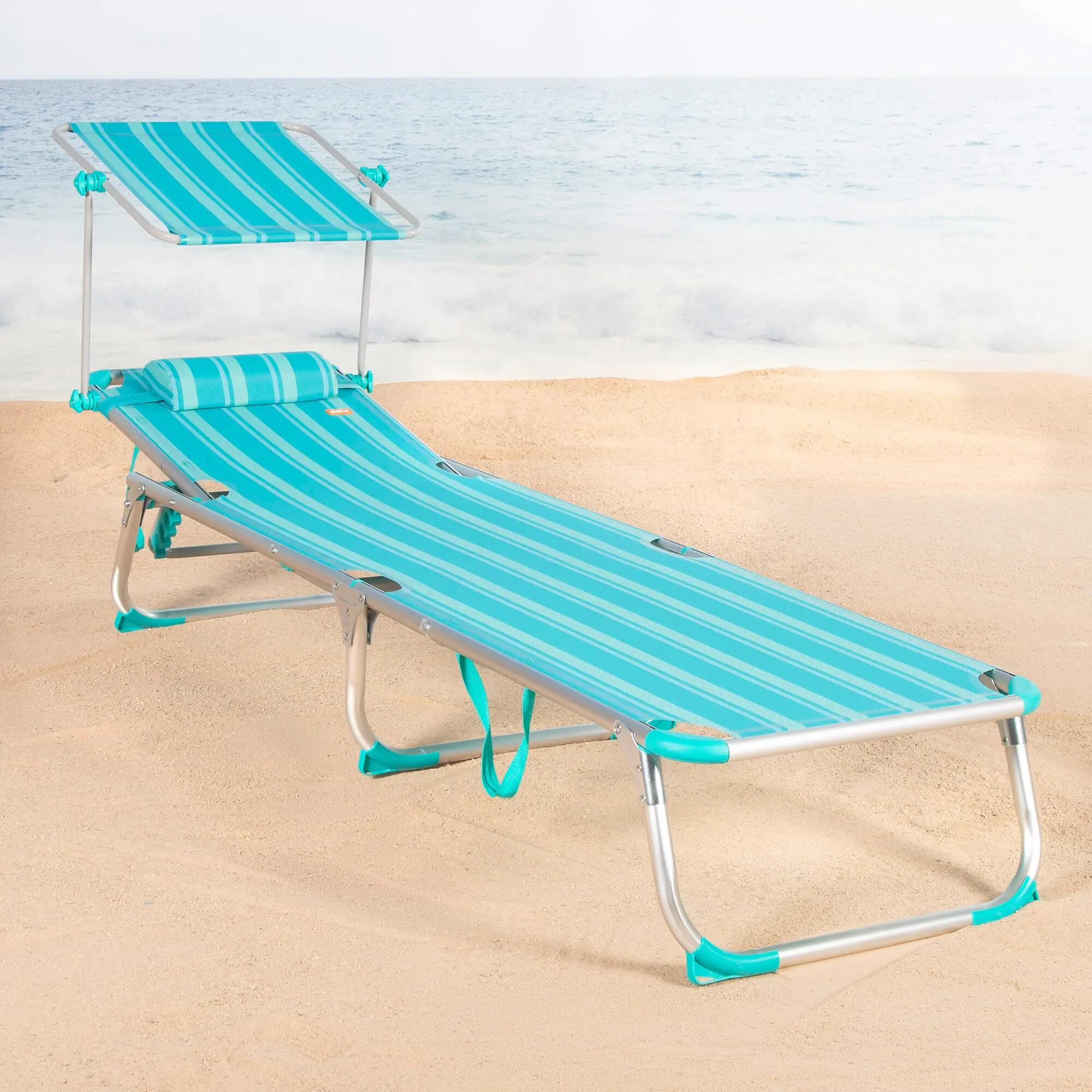 Lot de 2 chaises longues de plage multipositions 186x49x30 cm, rayures turquoise 3/7