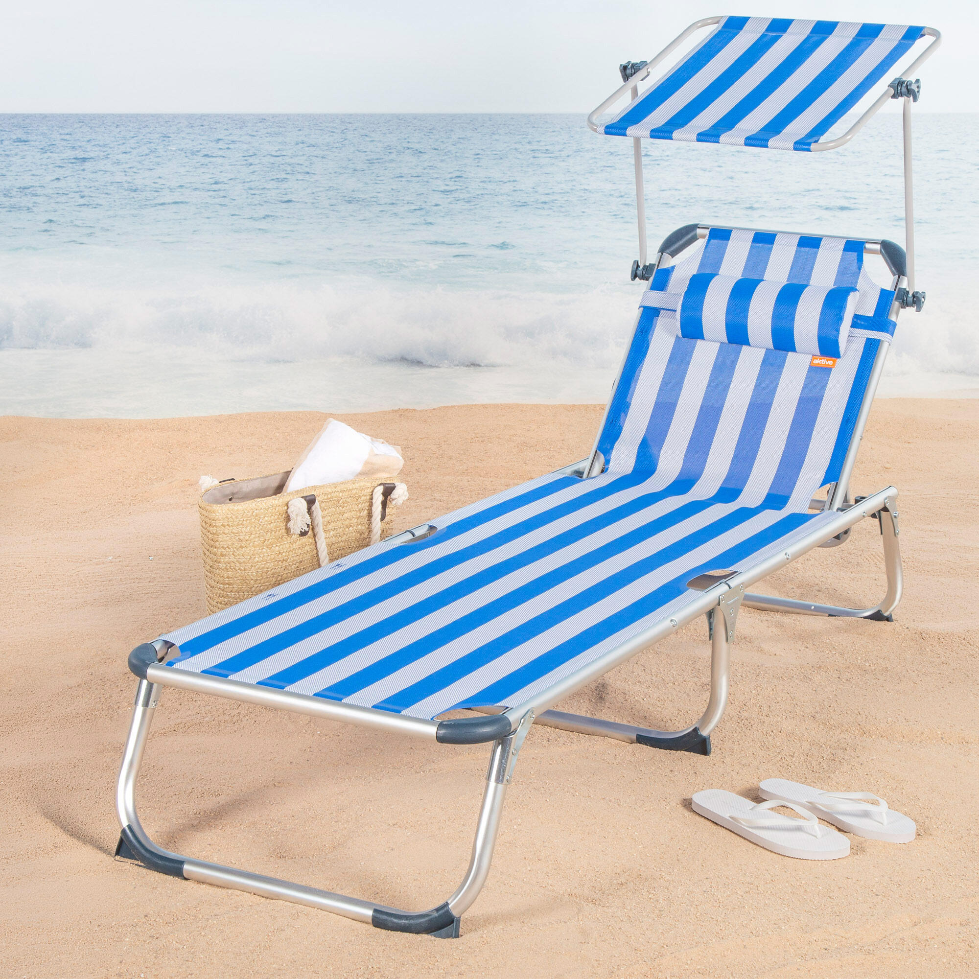 Pack 2 tumbonas playa Aktive 186x49x30 cm 110 kg 5 posiciones rayas con parasol 2/7