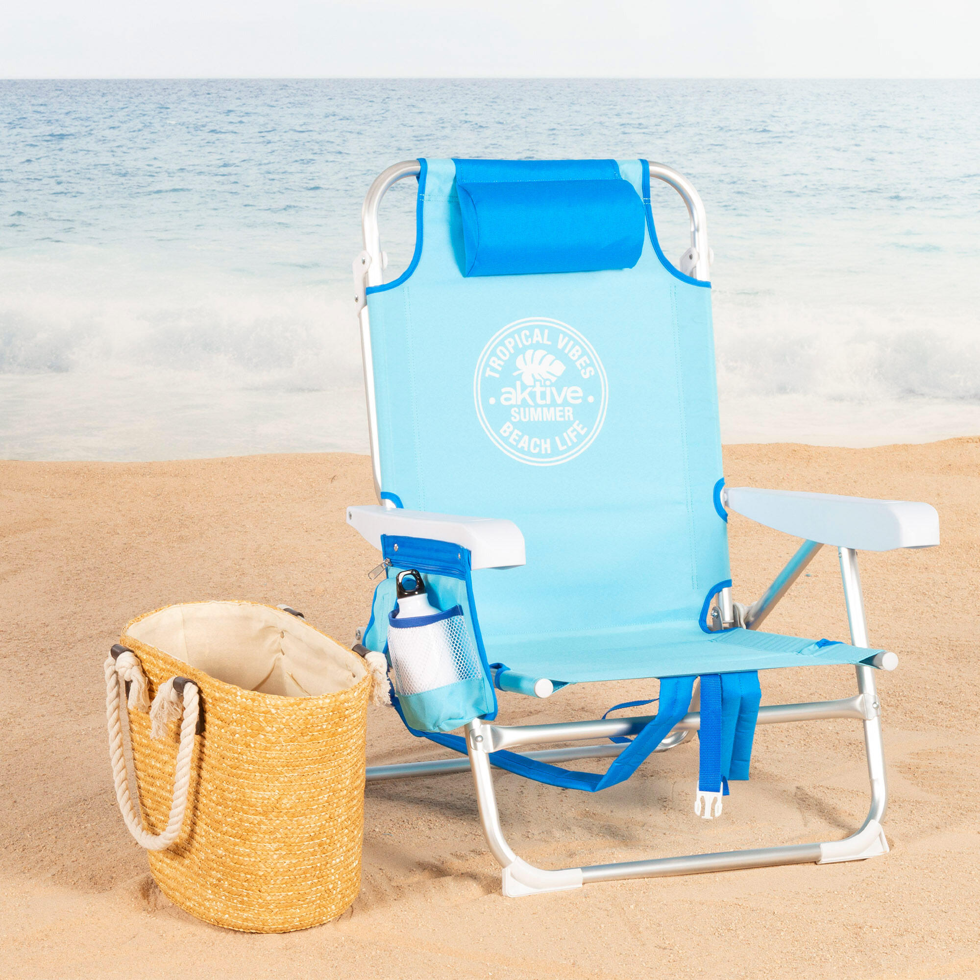 Lot de 2 chaises de plage multipositions moyennes 50x54x80 cm bleues avec poches 2/7