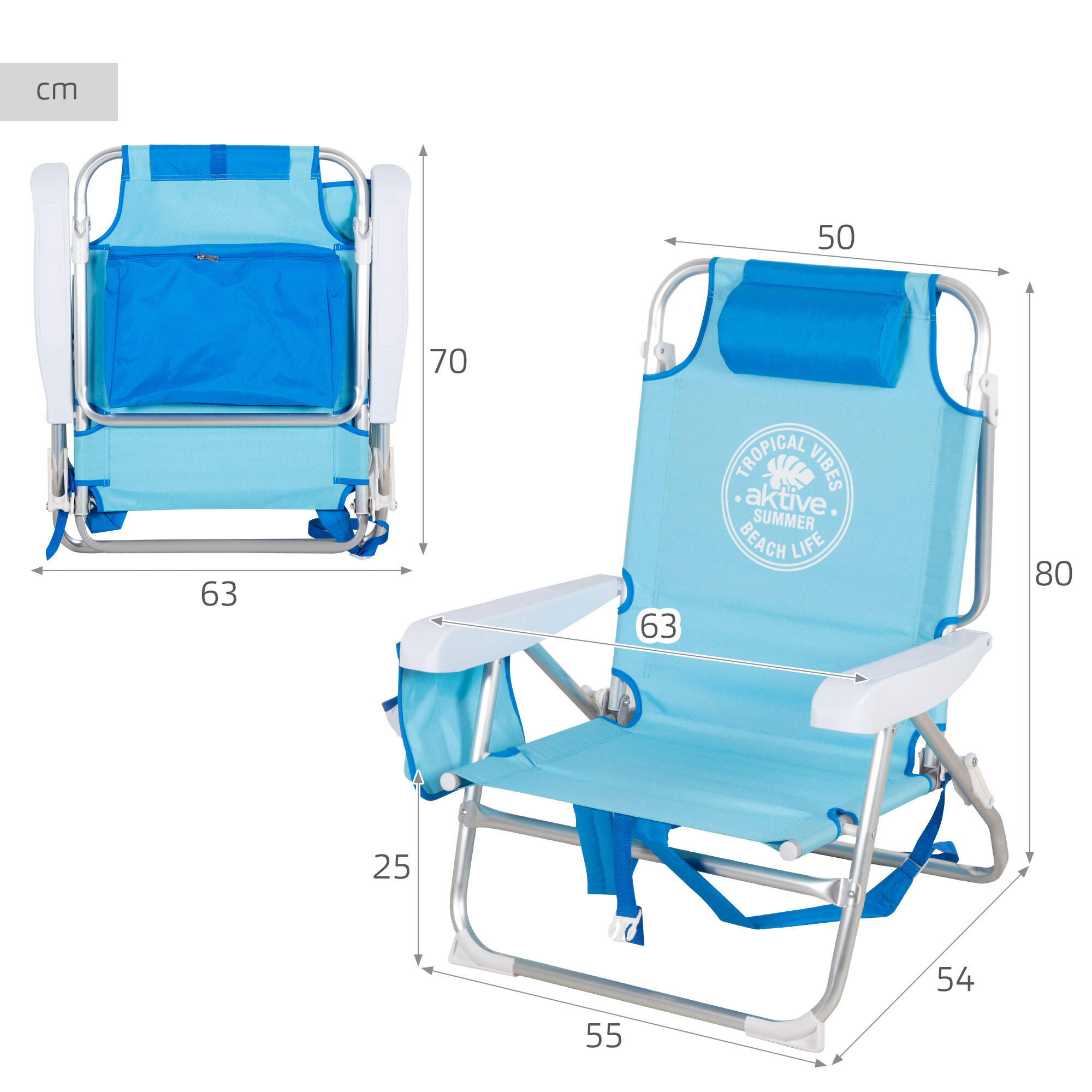 Lot de 2 chaises de plage multipositions moyennes 50x54x80 cm bleues avec poches 4/7
