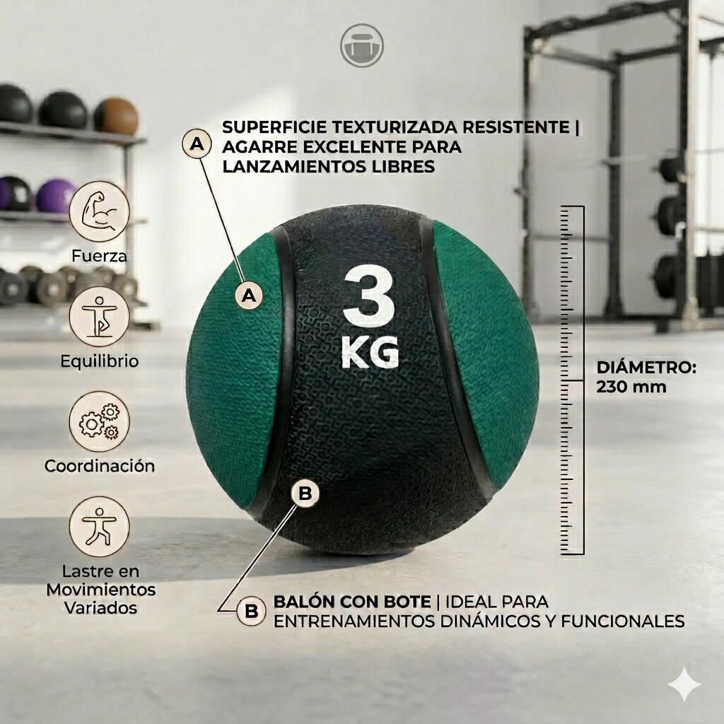 Balon Medicinal con Bote 3 kg Fitness Verde 2/3