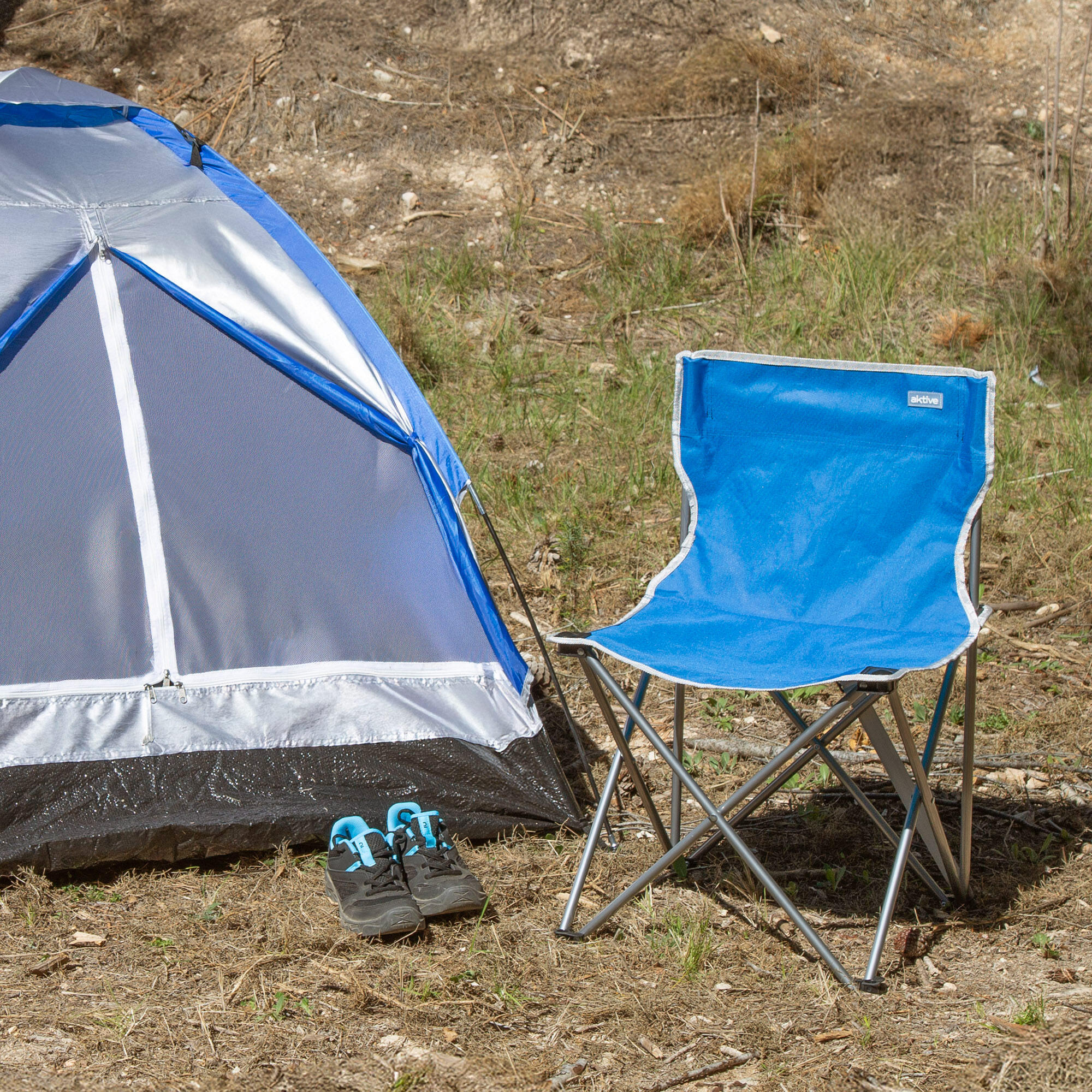 Silla camping plegable de acero y poliéster con topes antivuelco azul 3/7