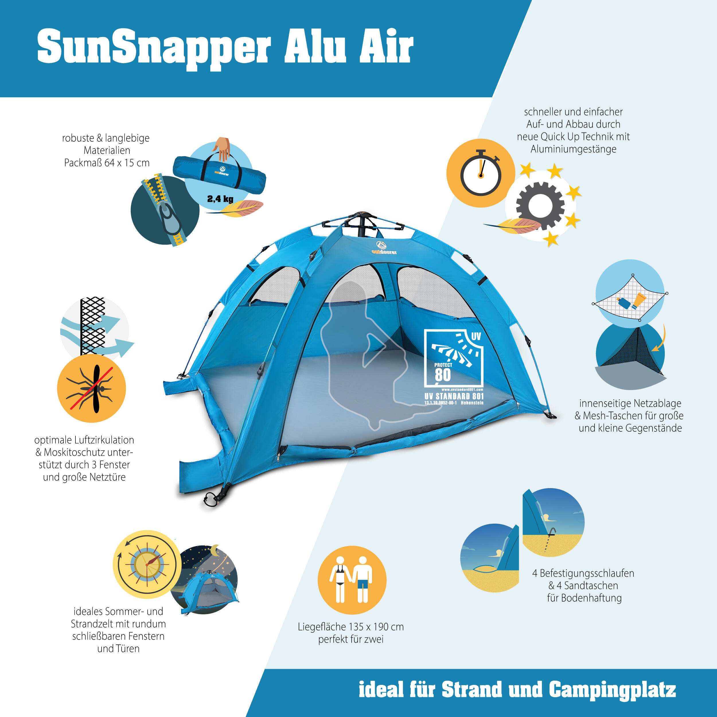 Quick Up Strandmuschel SunSnapper Alu Air - Aluminium Strandzelt,
extra leicht 2/7