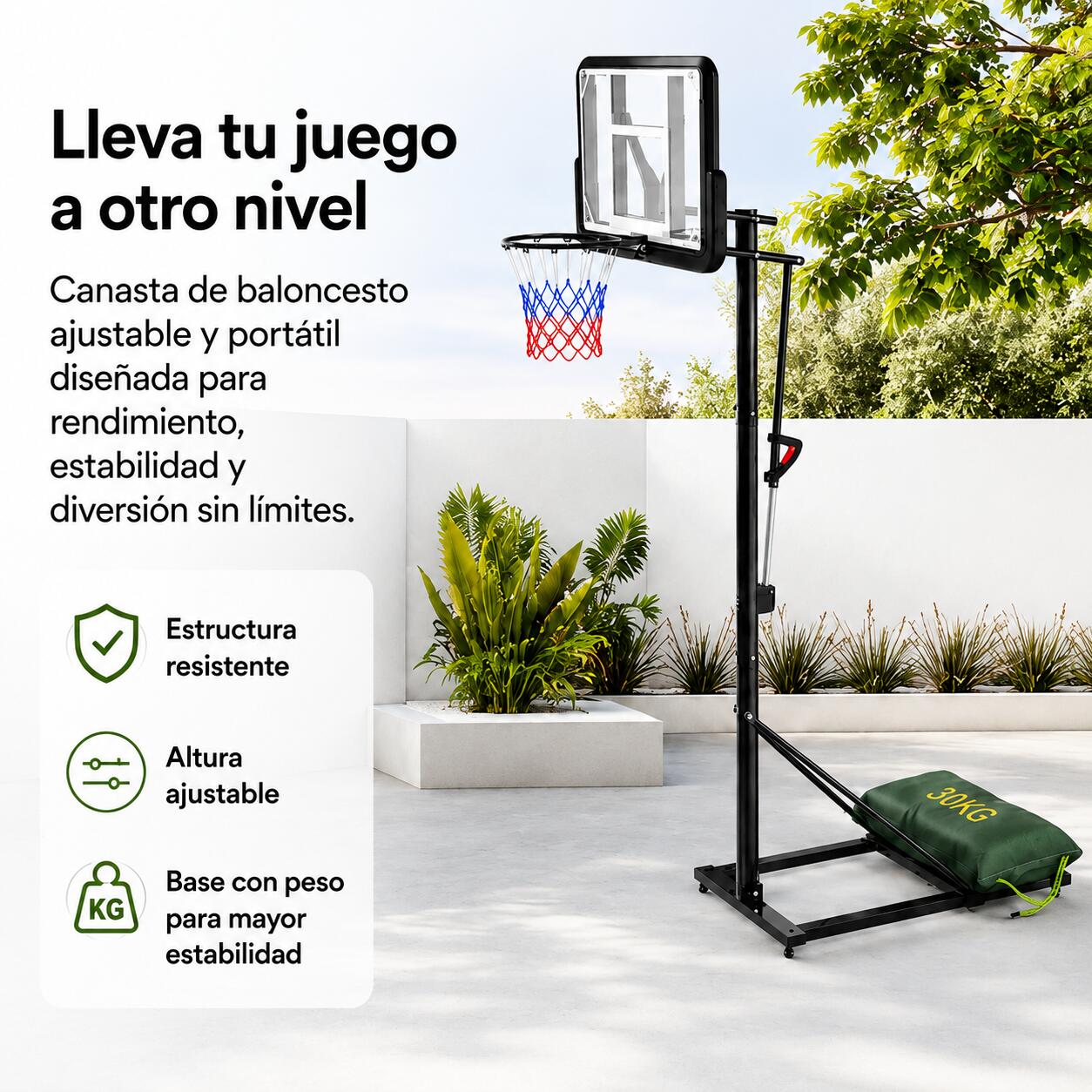 Cesto de basquetebol portátil regulável com rodas e base estável 2/7