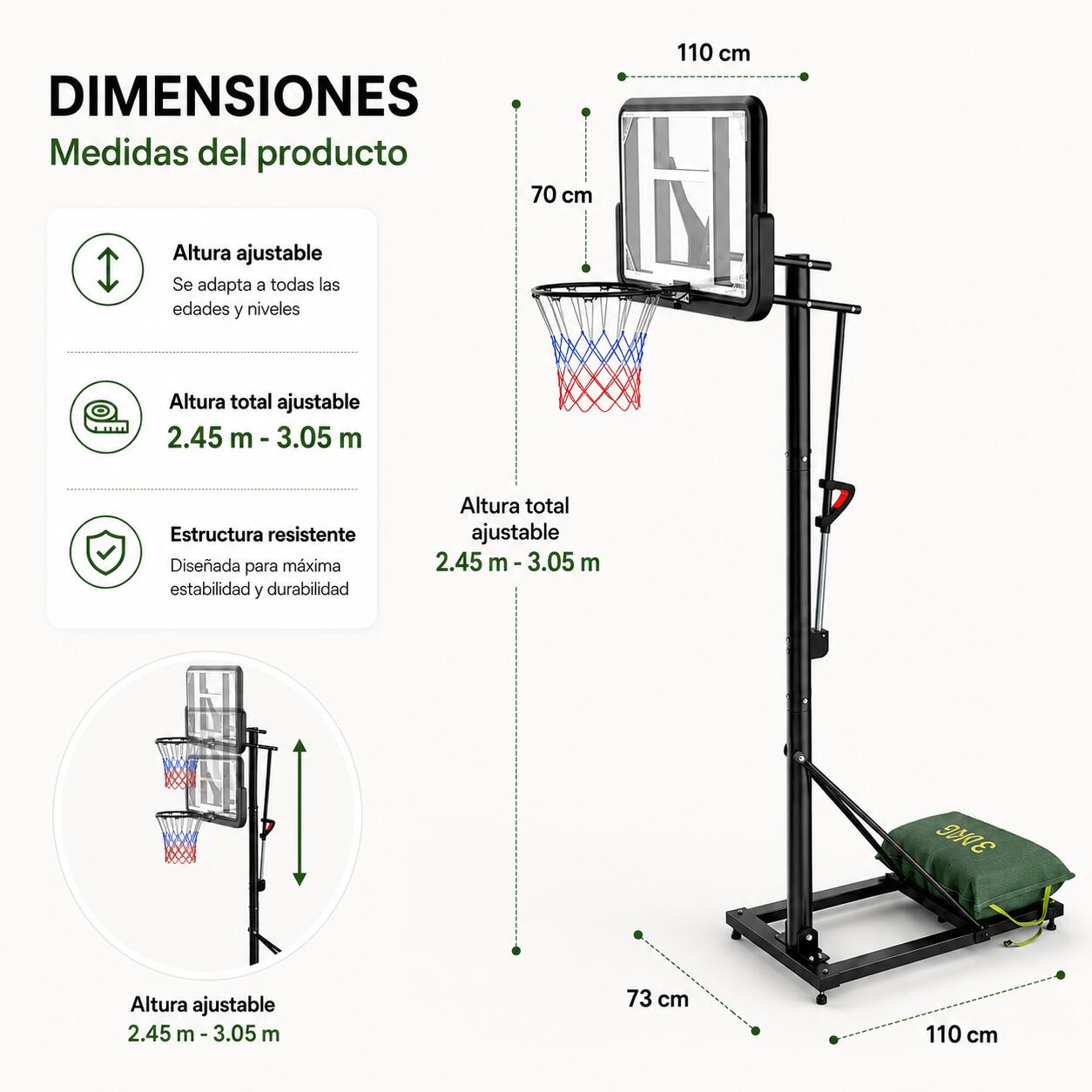 Cesto de basquetebol portátil regulável com rodas e base estável 4/7