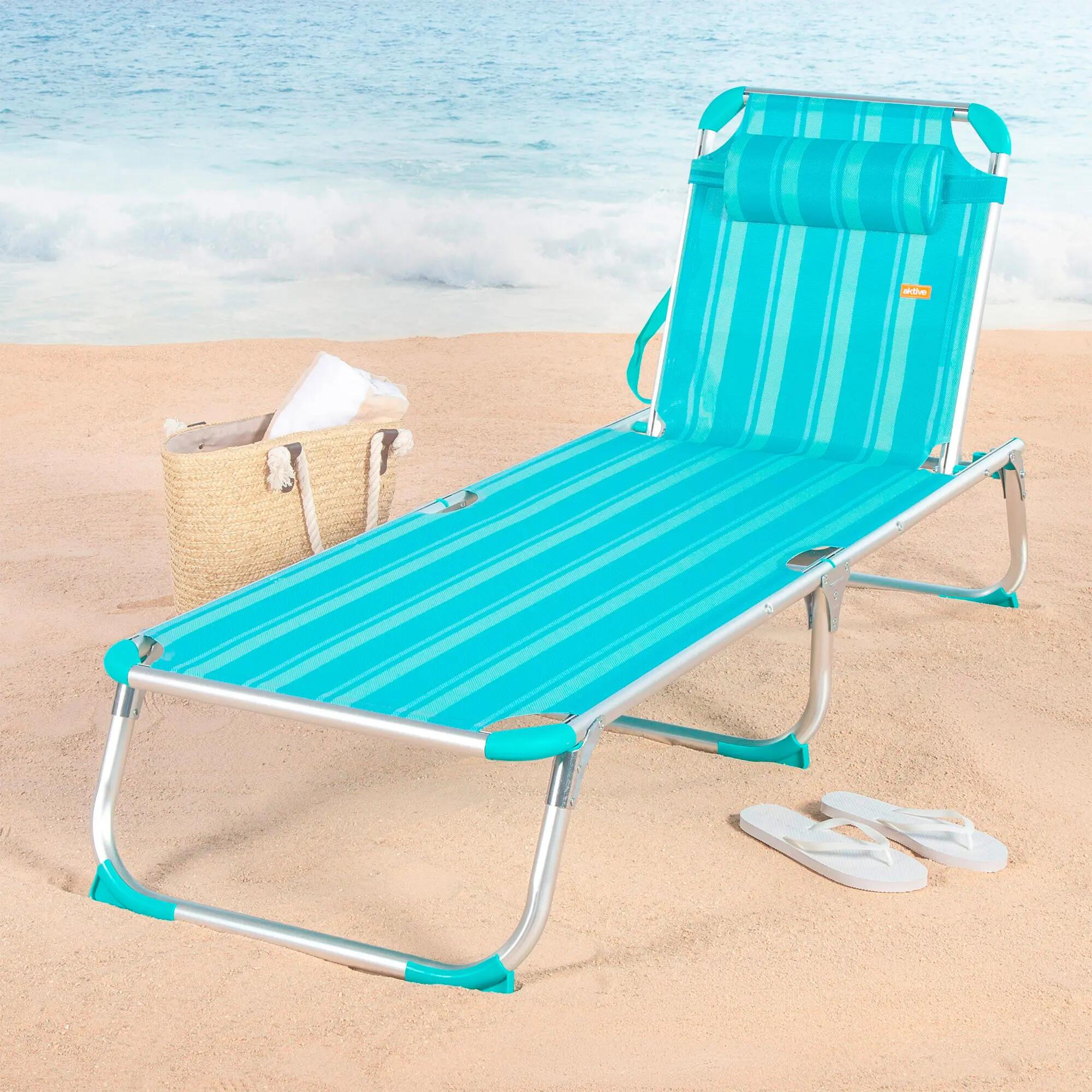 Lot de 2 chaises longues de plage multipositions 186x49x30 cm, rayures turquoise 2/7