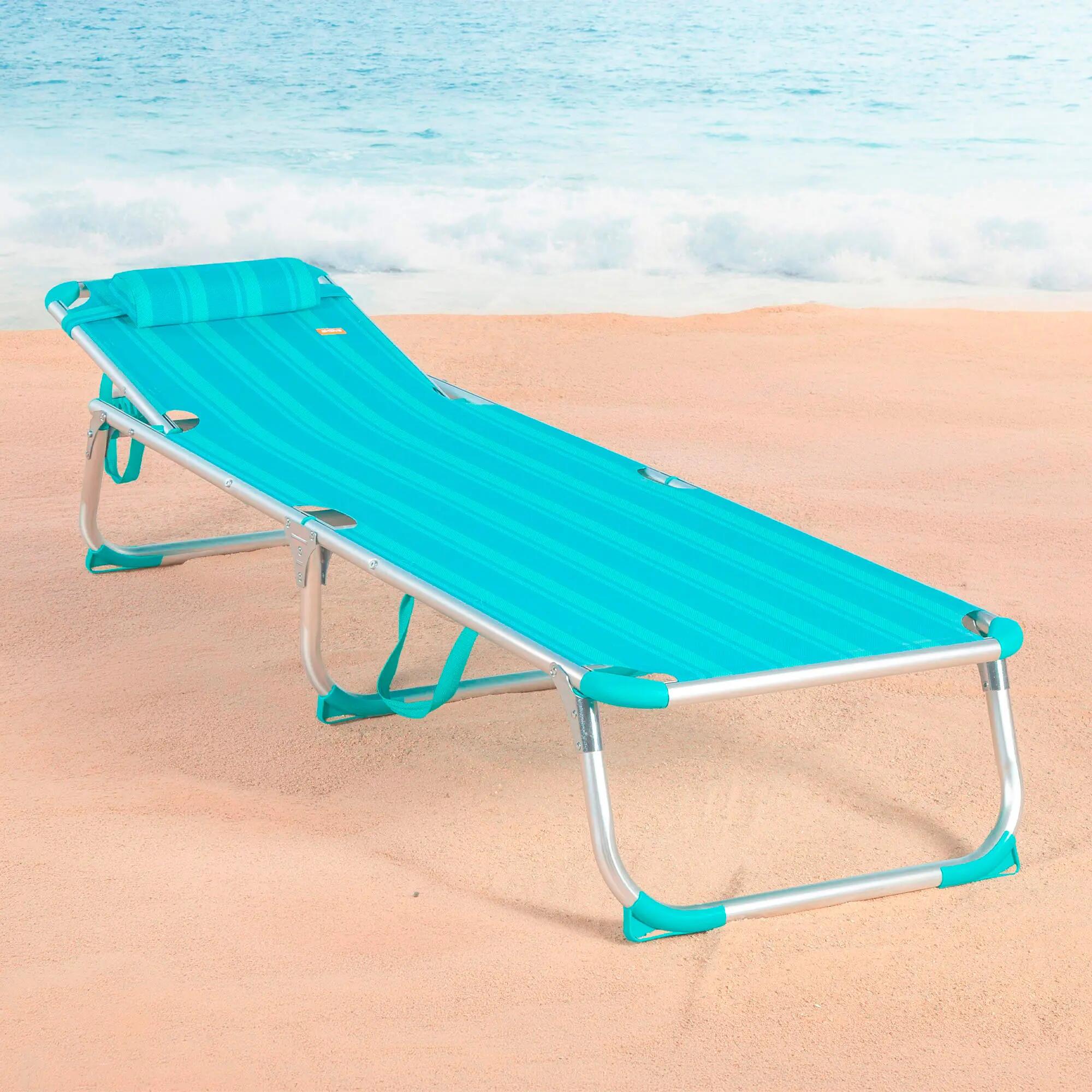 Lot de 2 chaises longues de plage multipositions 186x49x30 cm, rayures turquoise 5/7