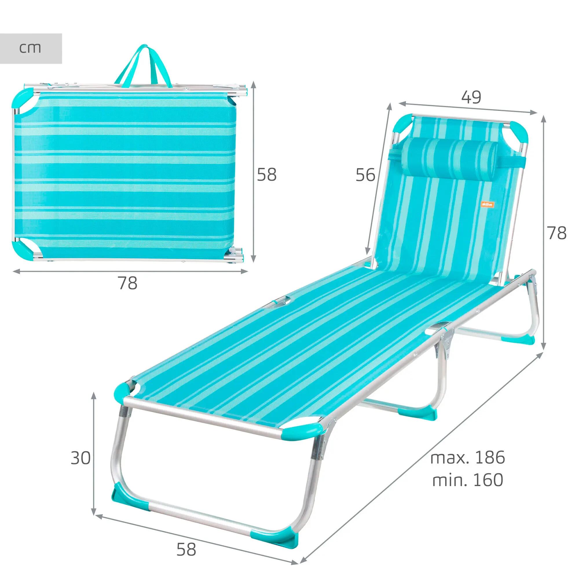 Lot de 2 chaises longues de plage multipositions 186x49x30 cm, rayures turquoise 4/7
