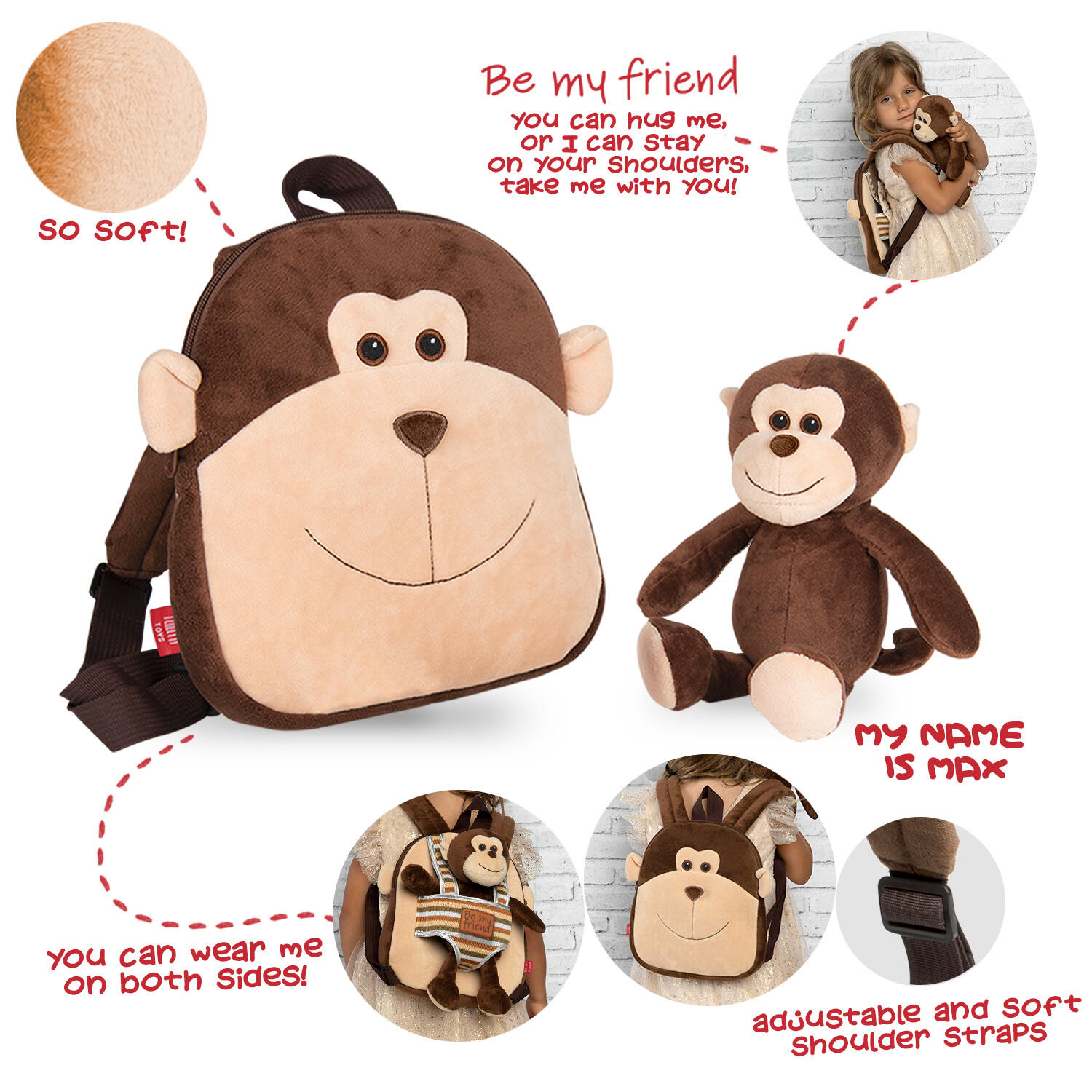 Wendbarer Rucksack mit Plüsch für Mädchen Perletti Max Monkey 4/6
