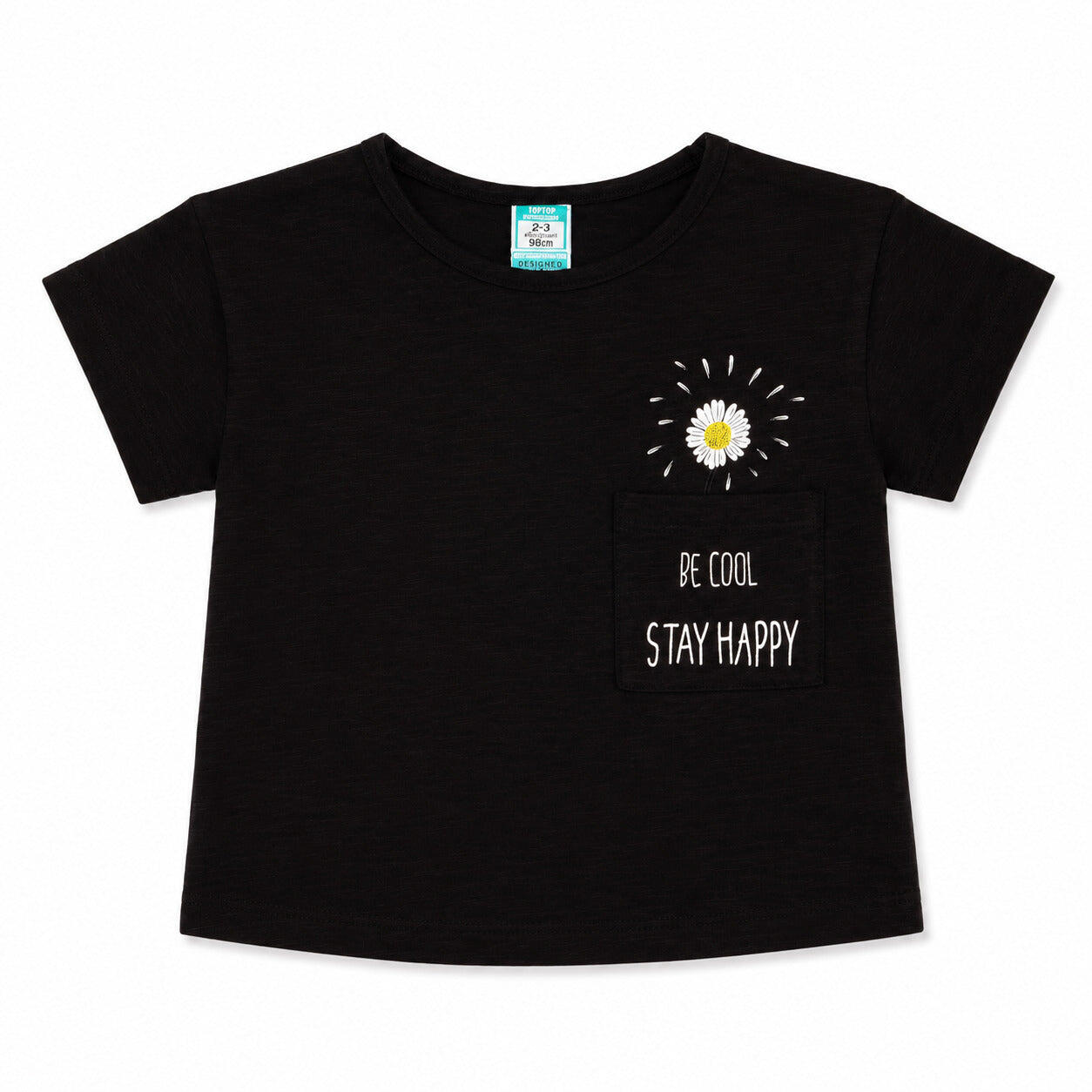 Camiseta niña negra con bolsillo margarita 2/3