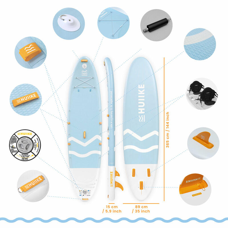 Stand Up Paddling Board Aufblasbar 2 Personen 12’ mit Zubehör, bis 170 kg, Blau 2/7