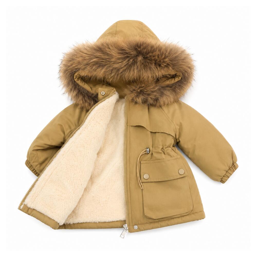 Girls Winter Hooded Plush Cotton Jacket (Khaki-6T)