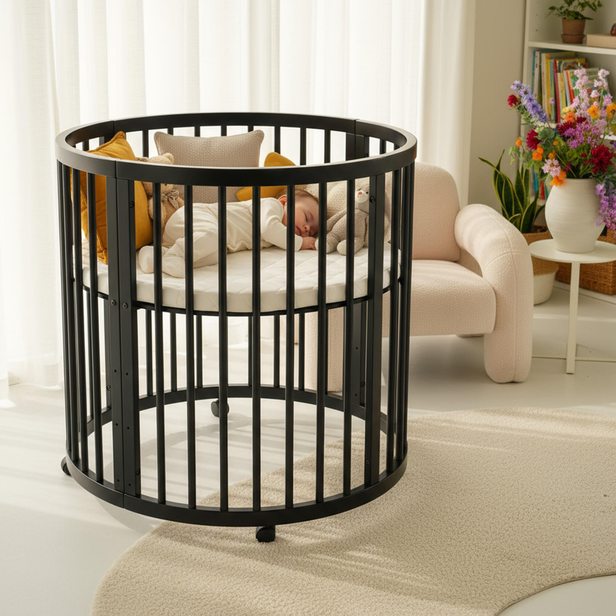 Box Willow - Box Bambini Rotondo con Materasso - Box con Ruote - Nero 3/6