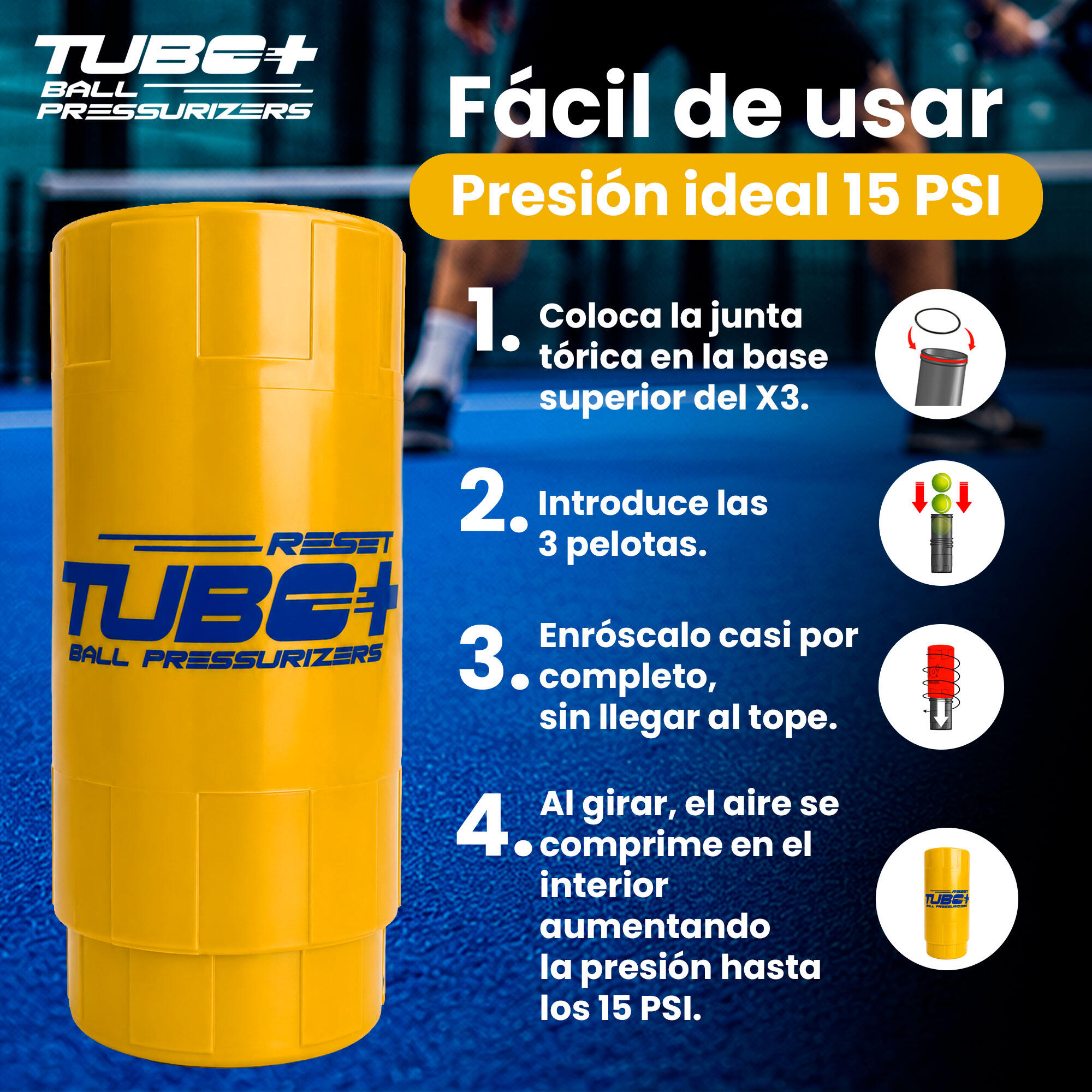 Pressuriseur de balles de tennis et de padel : TuboX3 Gold 3/8