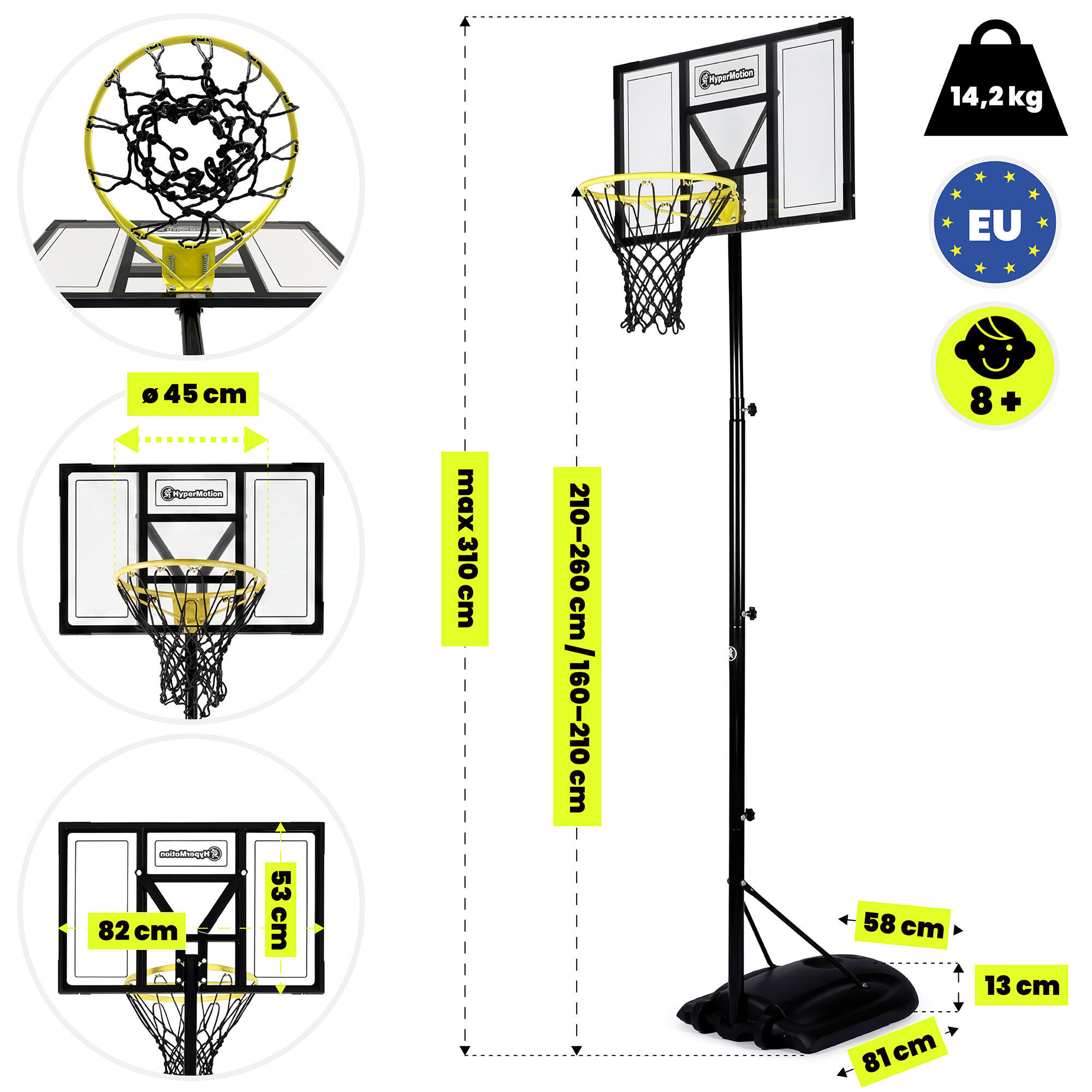 Canasta Baloncesto Infantil con Ruedas Regulable 160-260cm 82x53cm 4/7