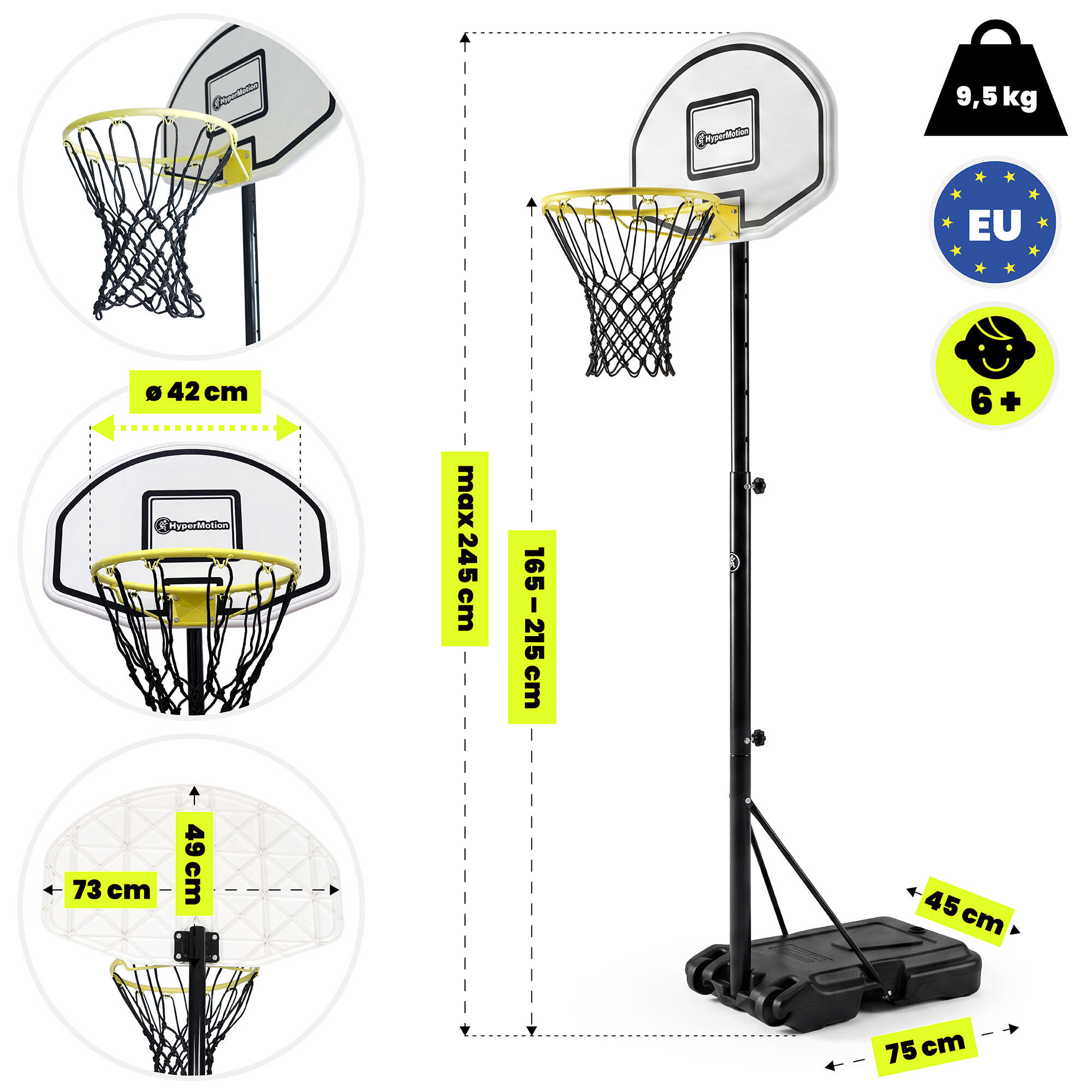 Canasta Baloncesto Infantil con Ruedas Regulable 165-215cm 73x49cm 4/7
