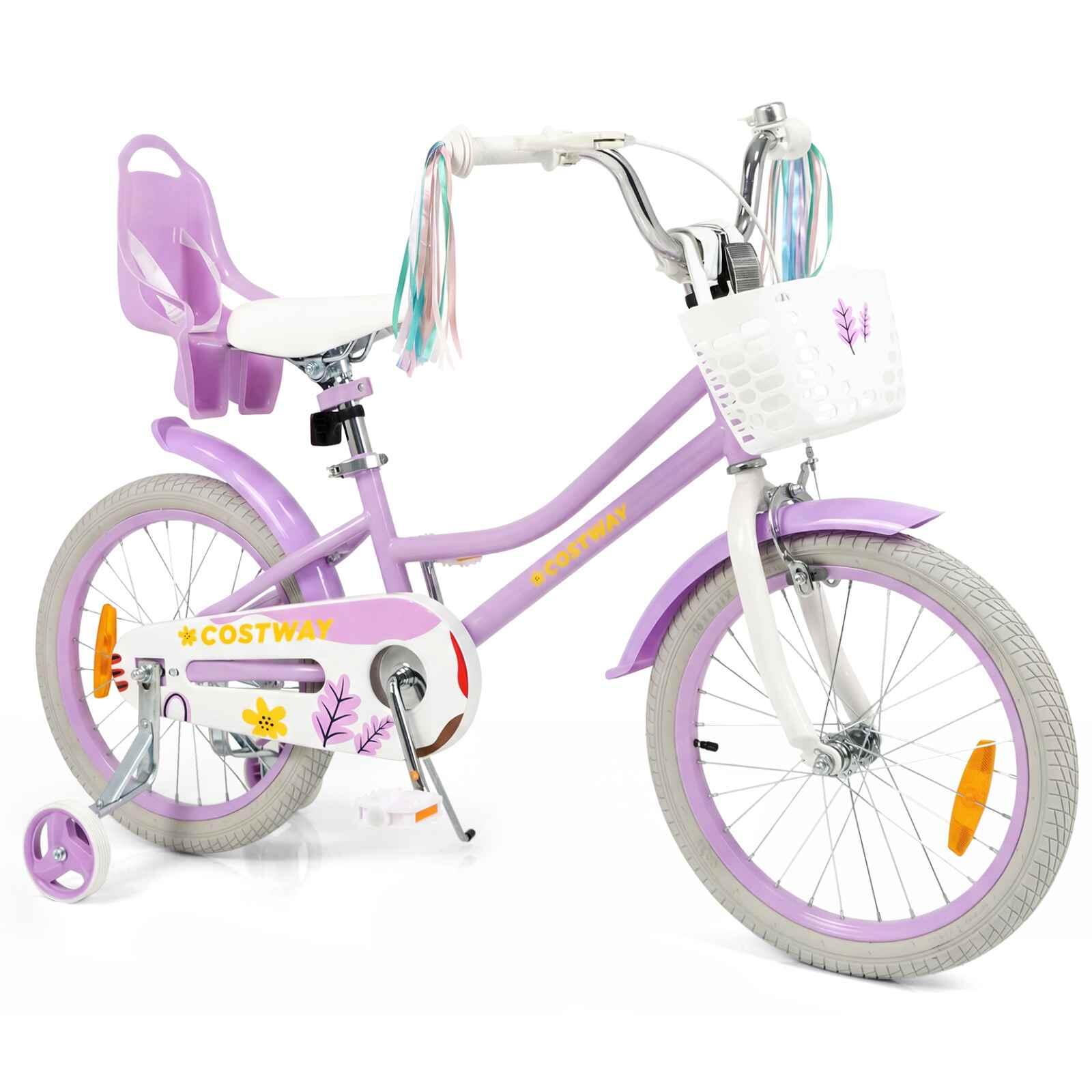 45cm Girls Bike w/Training Wheels Doll Seat & Basket Purple