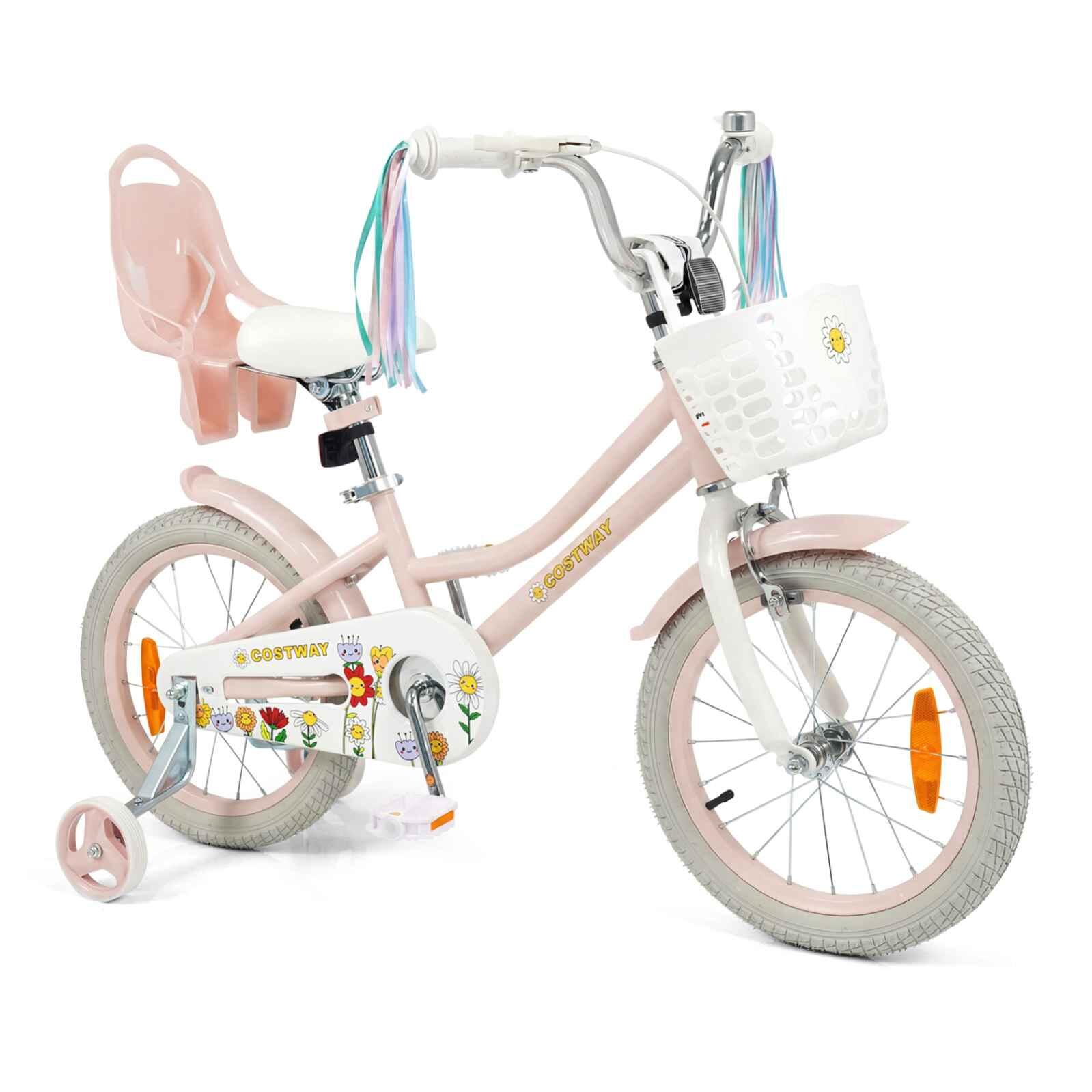 40cm Girls Bike w/Training Wheels Doll Seat & Basket Pink