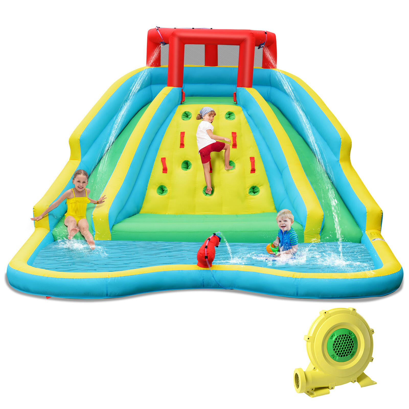 Inflatable Water Park w/Climbing Wall Two Slides & Blower