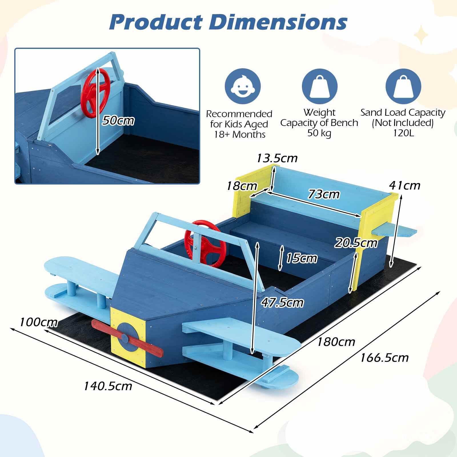 Glider-Shaped Wooden Sandbox w/Bench Seats