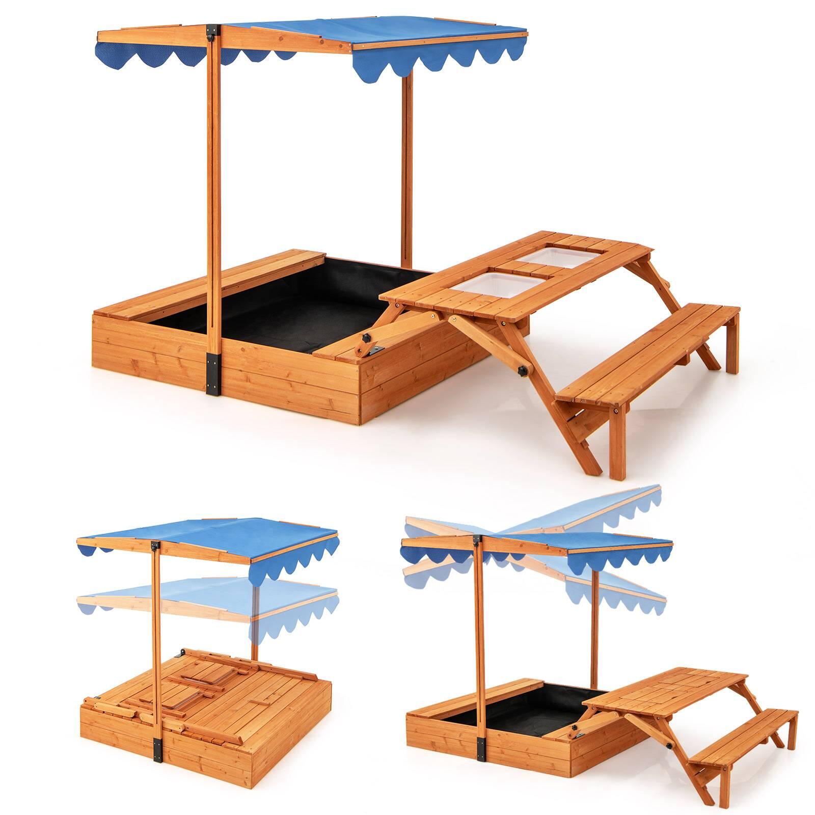 Wooden Sandbox w/Rotating Canopy & Picnic Table
