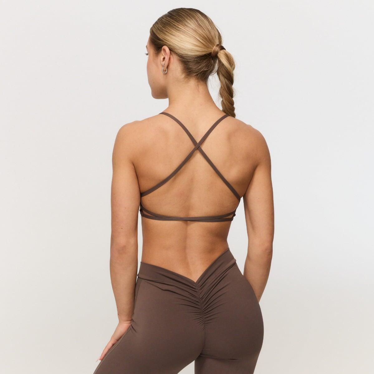 Biustonosz damski fitness ze skrzyżowanymi ramiączkami cappuccino Fierce 3/6