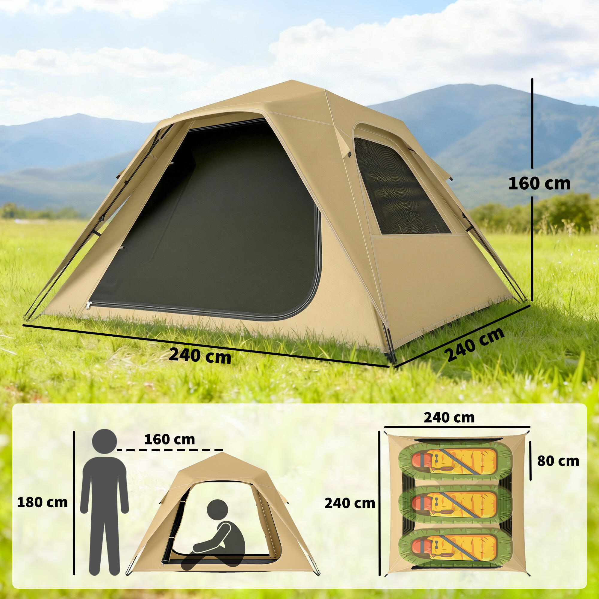 Outsunny Tenda da Campeggio Pop-Up Impermeabile, per 2-3 Persone, Cachi 3/7