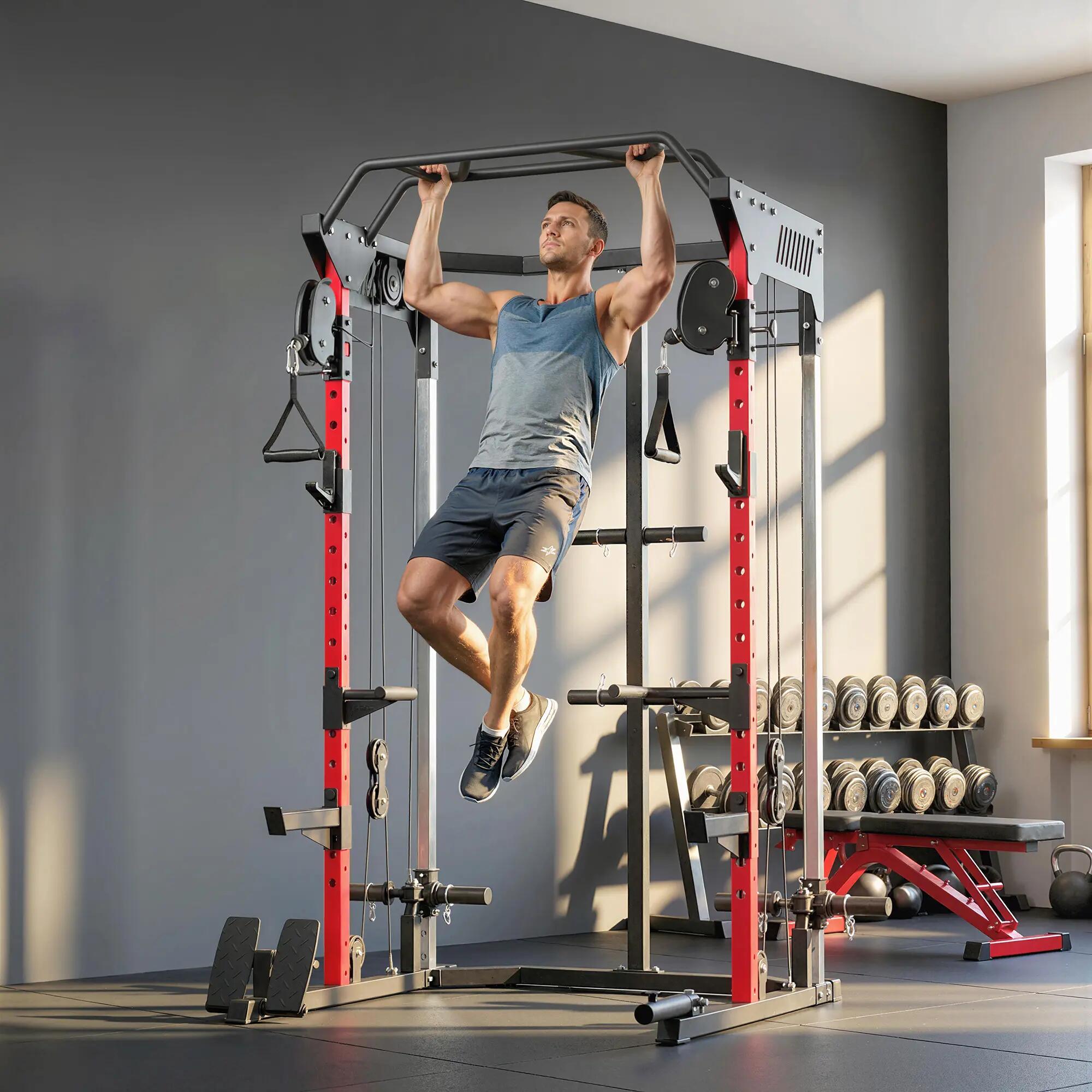 Cage à squats avec système de poulie réglable, barre de traction et station de d 4/9