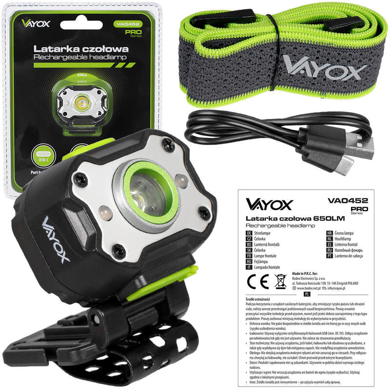 Lanternă frontală Vayox VA0452 650lm reîncărcabilă USB-C