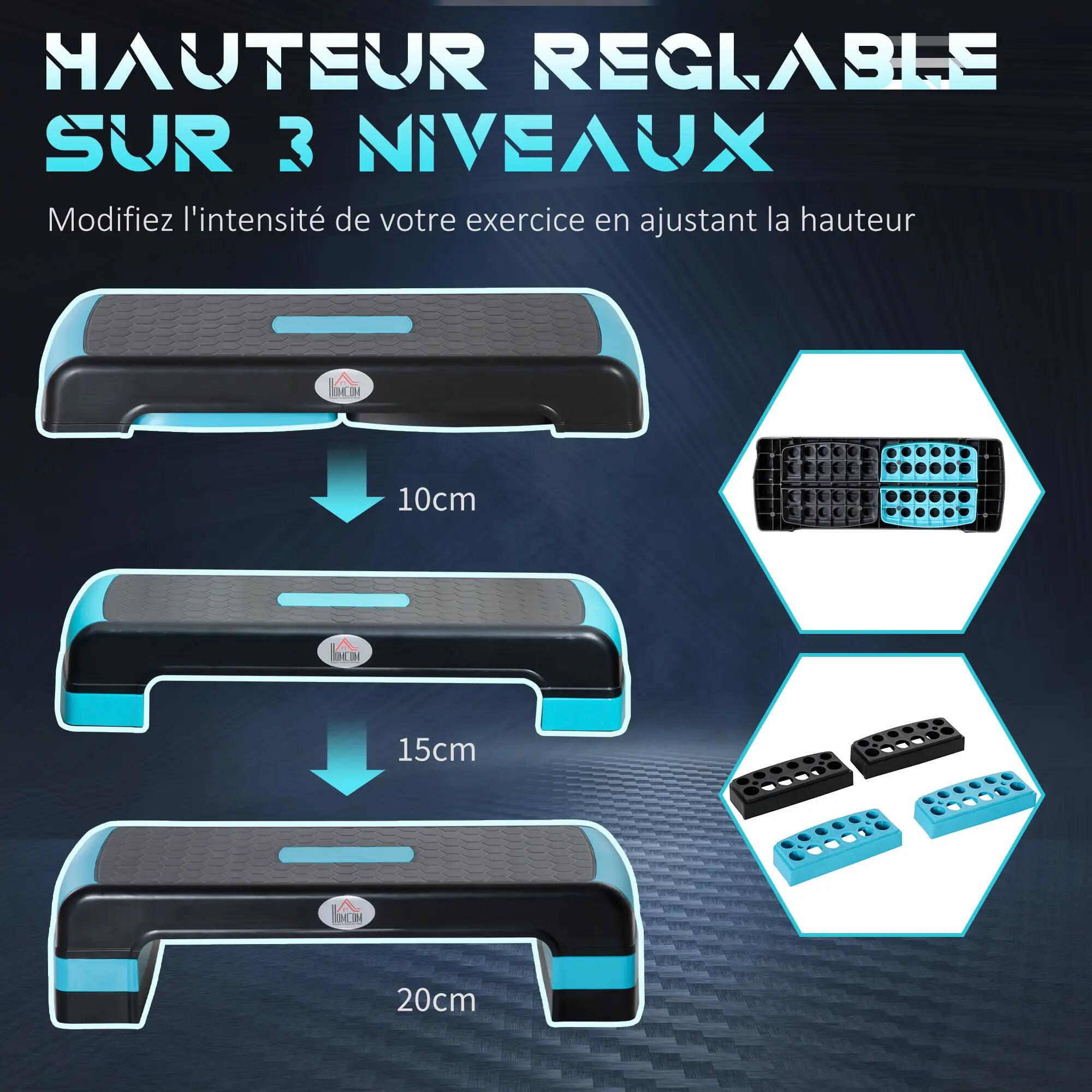 Stepper - Fitness - Unisexe - Hauteur réglable, Antidérapant - Noir/Bleu 6/6