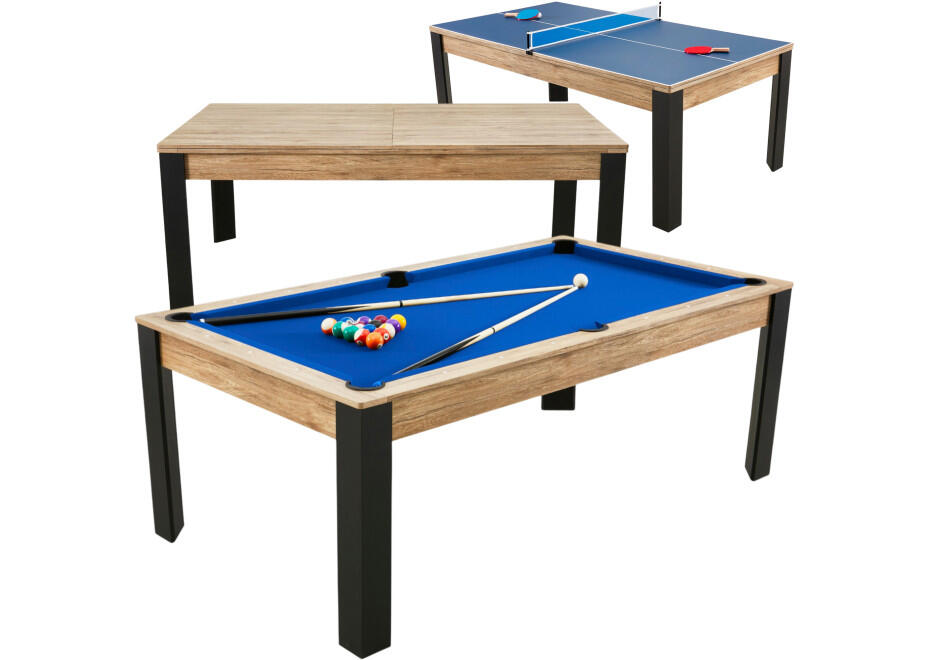 Table billard convertible Prego 7FT chêne fumé tapis bleu royal 1/7