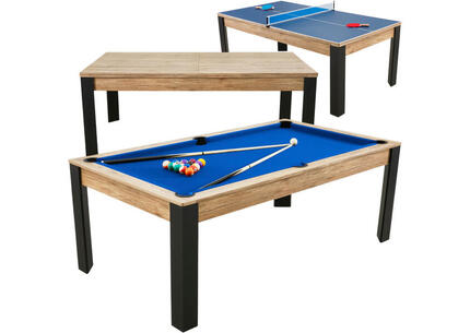 Table billard convertible Prego 7FT chêne fumé tapis bleu royal