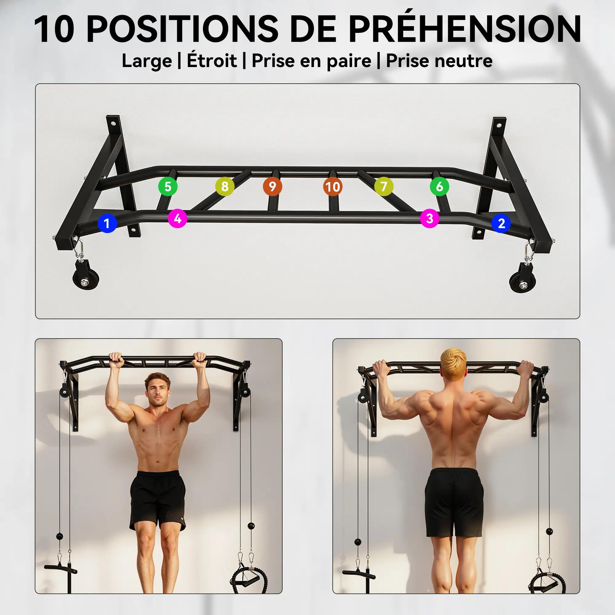 Barre de traction murale multi-prise avec accessoires acier noir 5/5