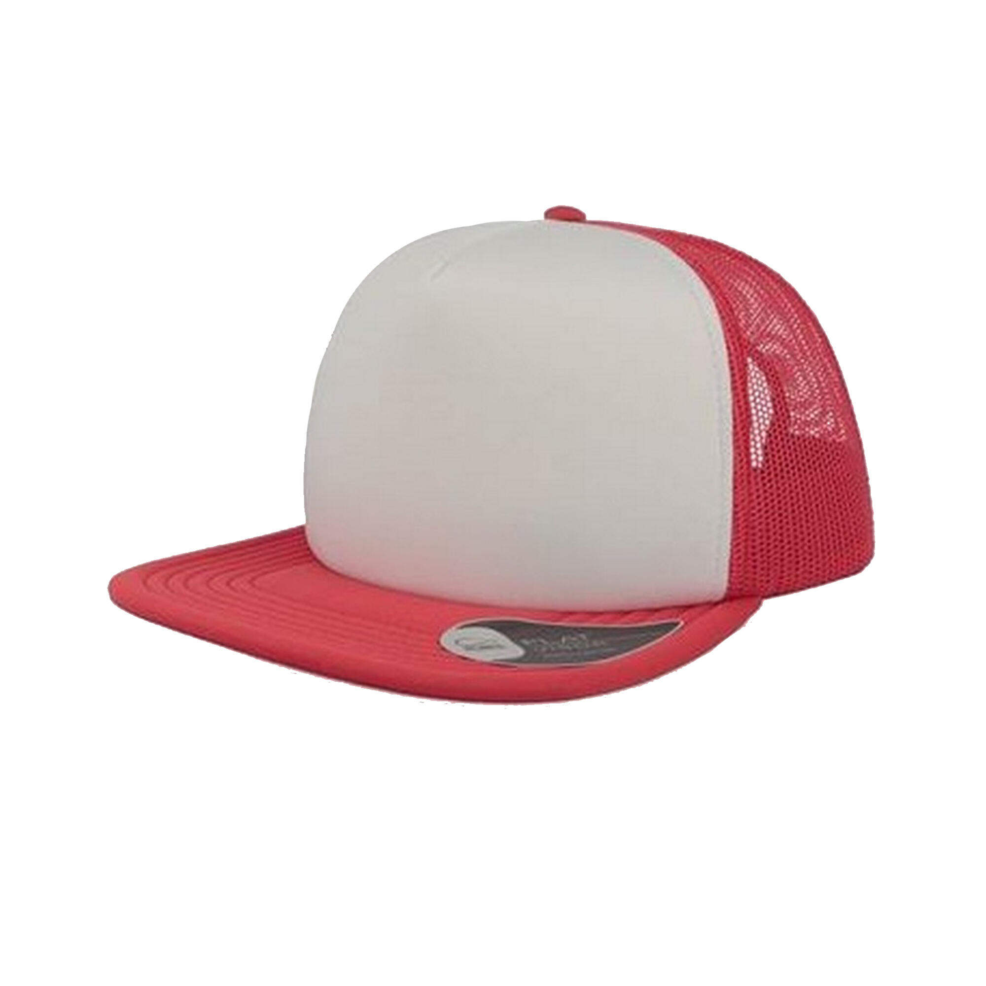 Unisex Snap 90s Flat Visor 5 Panel Trucker Cap (White/Red) 1/4