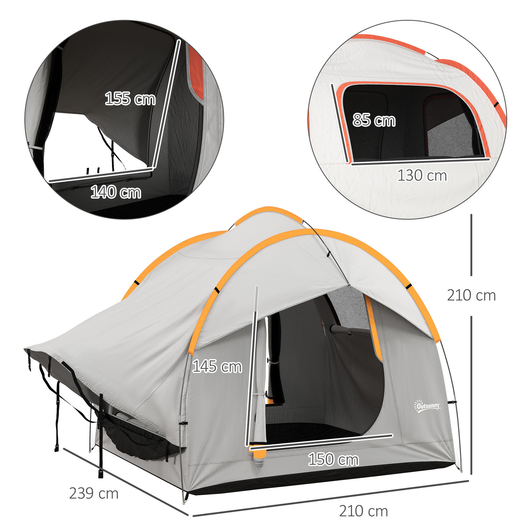 Outsunny Tenda per Auto Impermeabile 3 Porte con Finestra in Rete Grigio Arancio 3/7