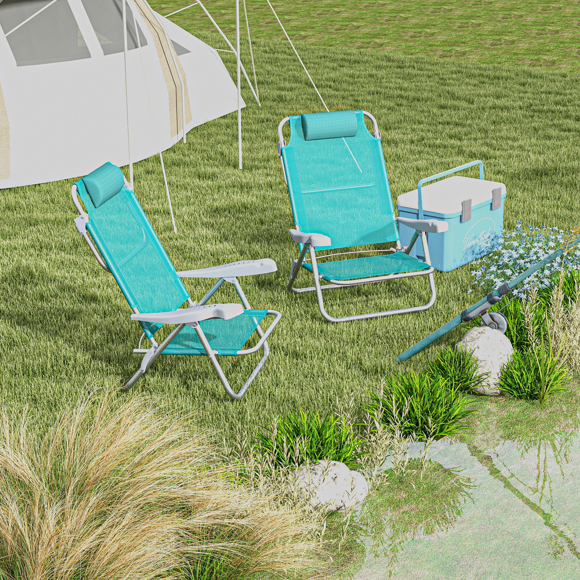 Outsunny Set 2 Sedie da Pesca Pieghevoli e Reclinabili su 6 Livelli Azzurro 2/7