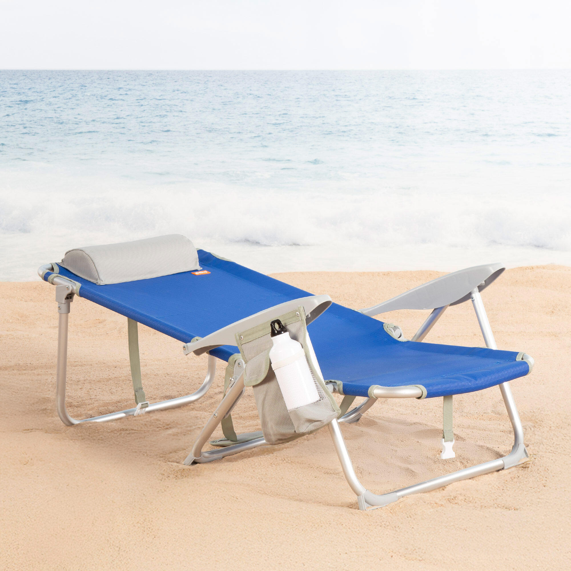 Cadeira de praia dobrável multiposições 50x50x88 cm azul com bolsos 3/7