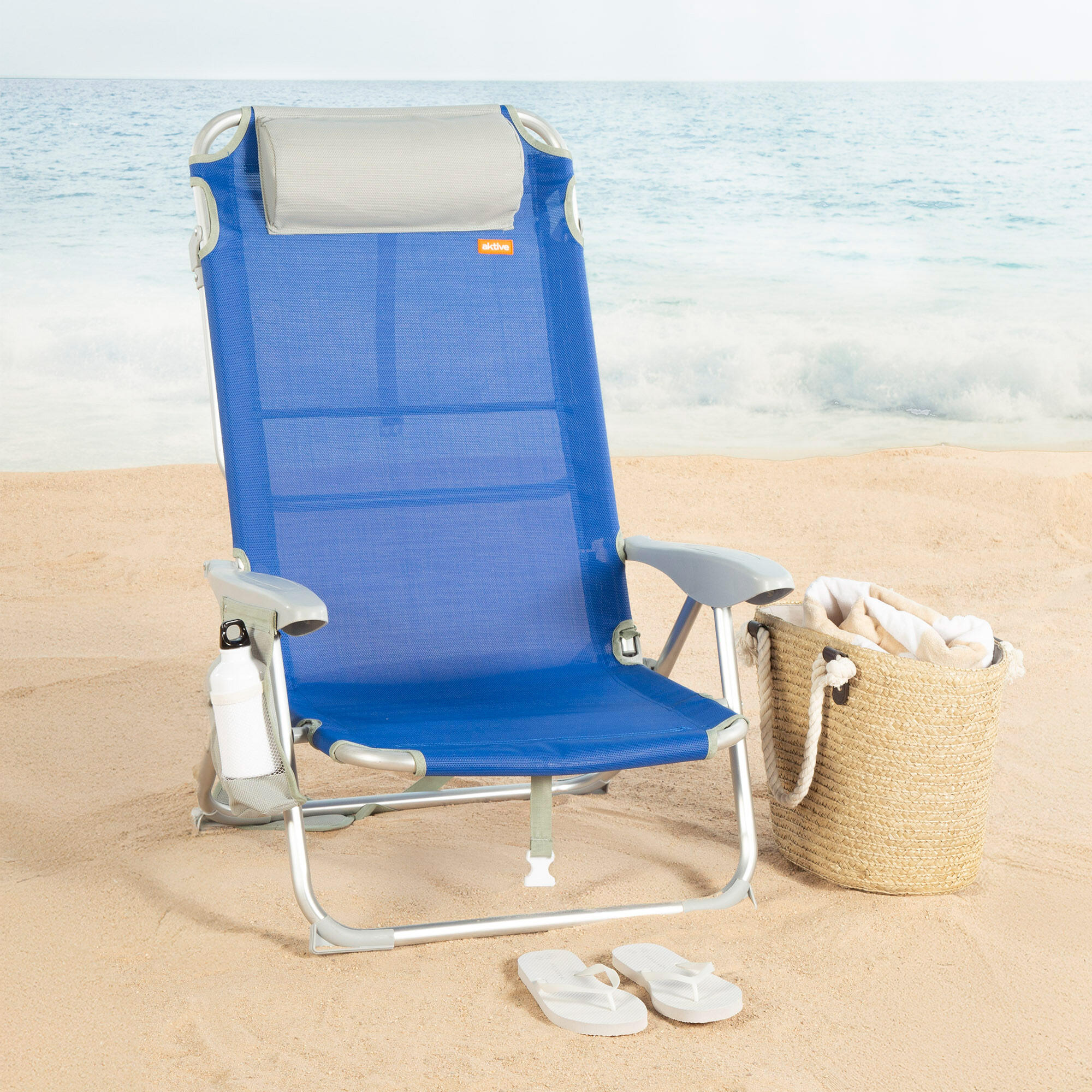 Cadeira de praia dobrável multiposições 50x50x88 cm azul com bolsos 2/7