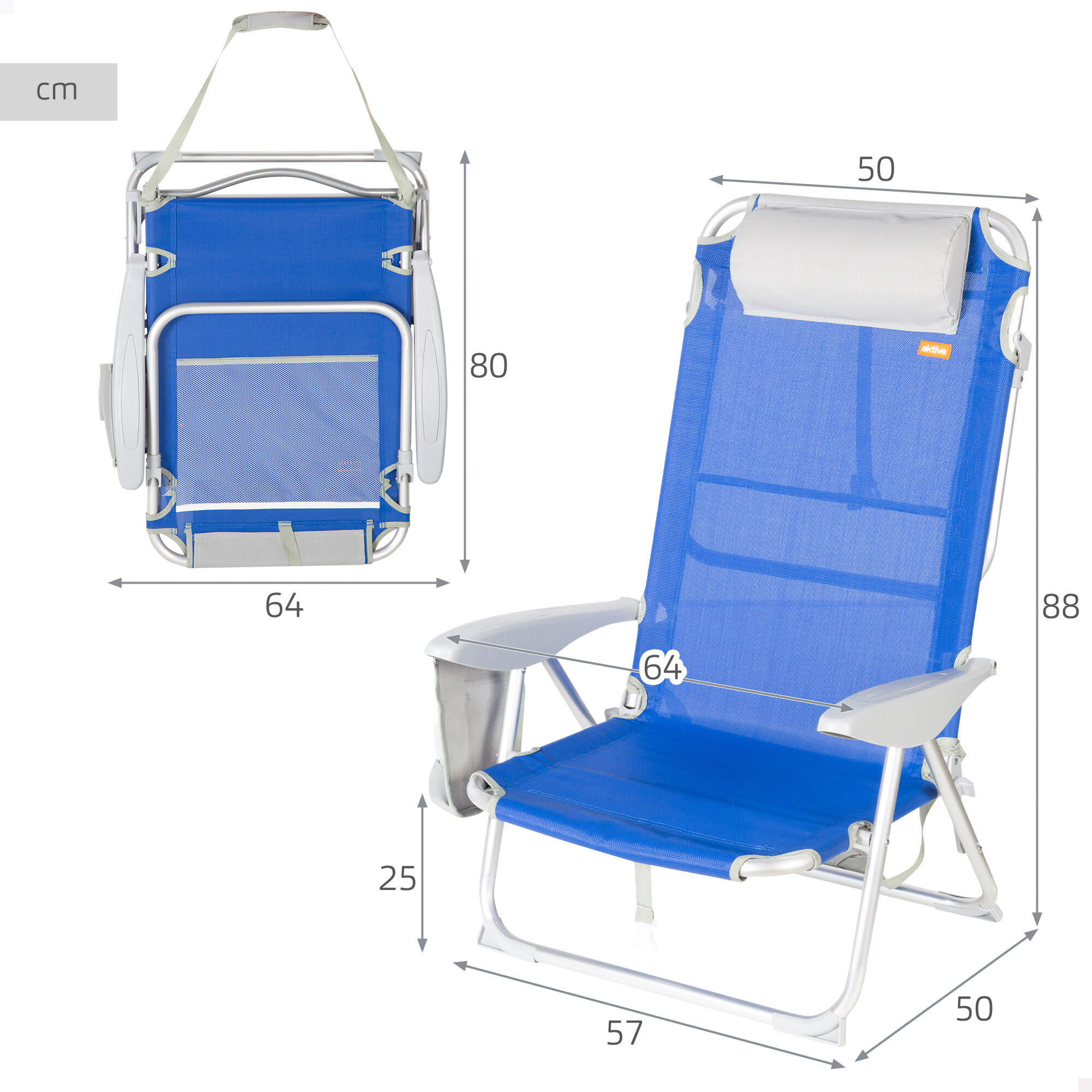 Cadeira de praia dobrável multiposições 50x50x88 cm azul com bolsos 4/7