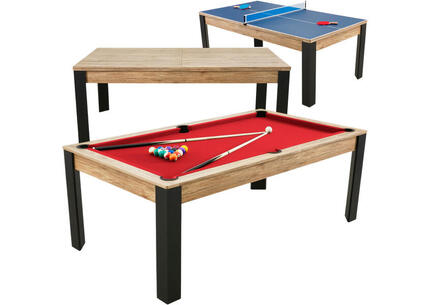 Table billard convertible Prego 7FT chêne fumé tapis rouge rubis
