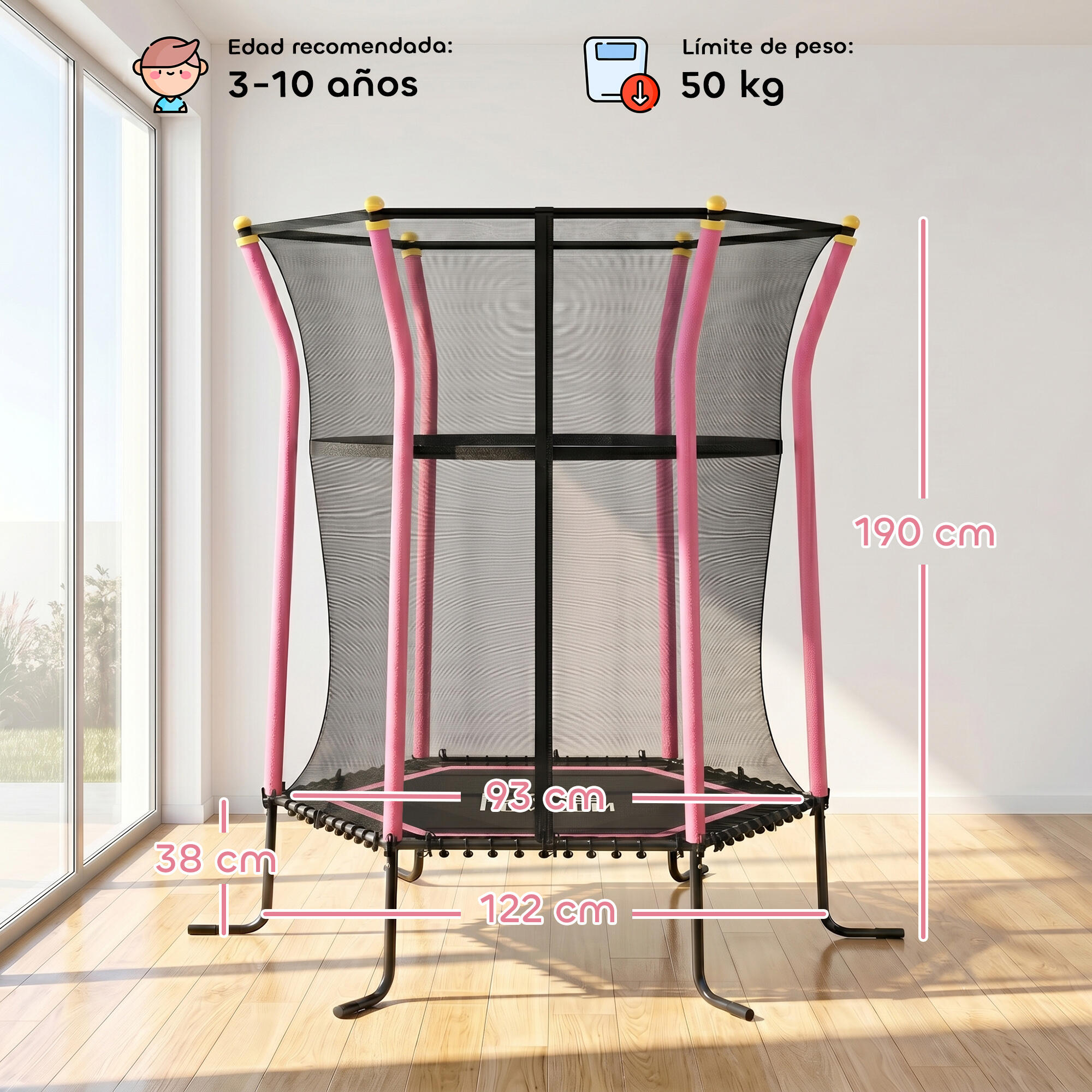 Cama Elástica Infantil HOMCOM 122x111x190 cm Rosa 3/7