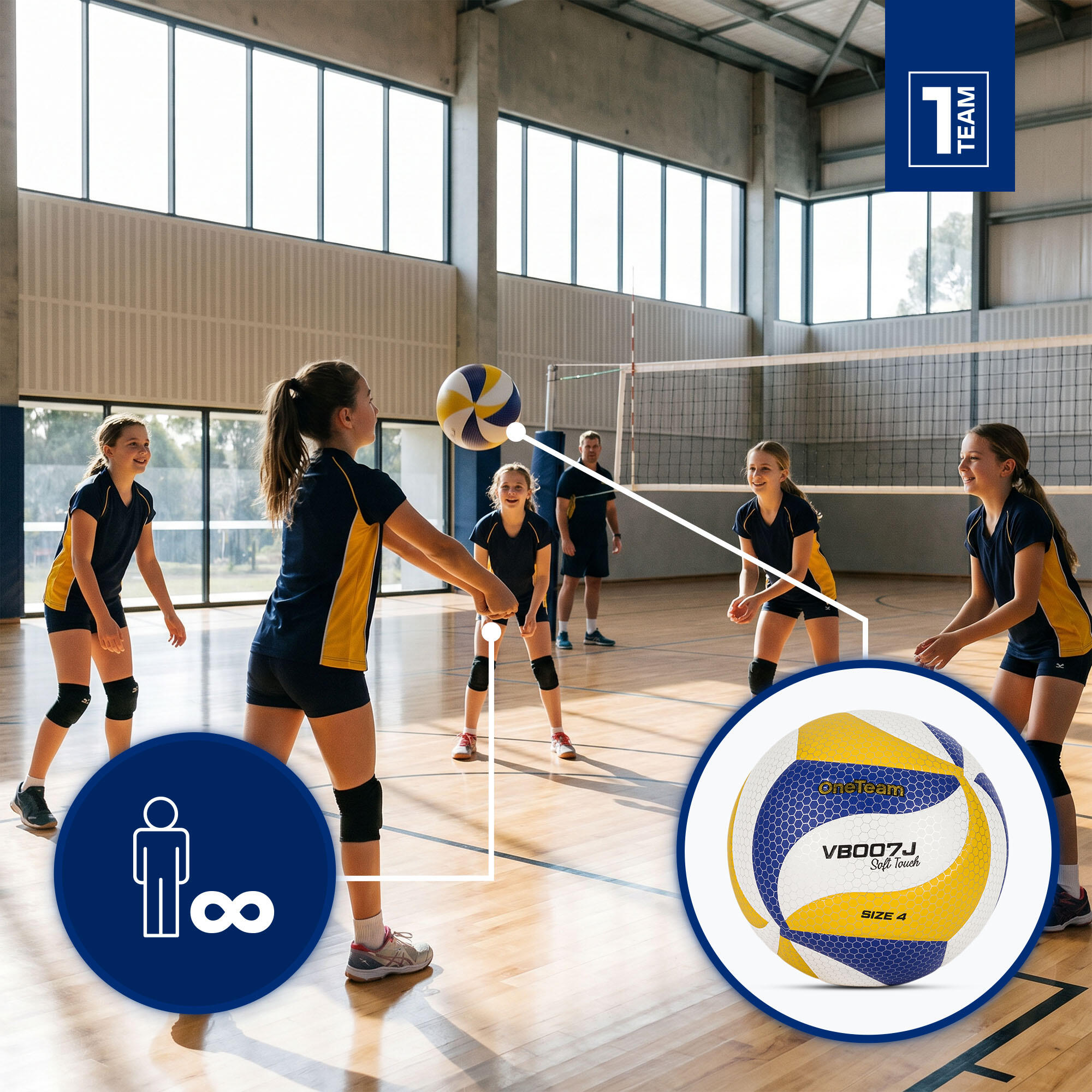 Bola de voleibol infantil OneTeam VB007J amarelo/azul/branco tamanho 4 3/7