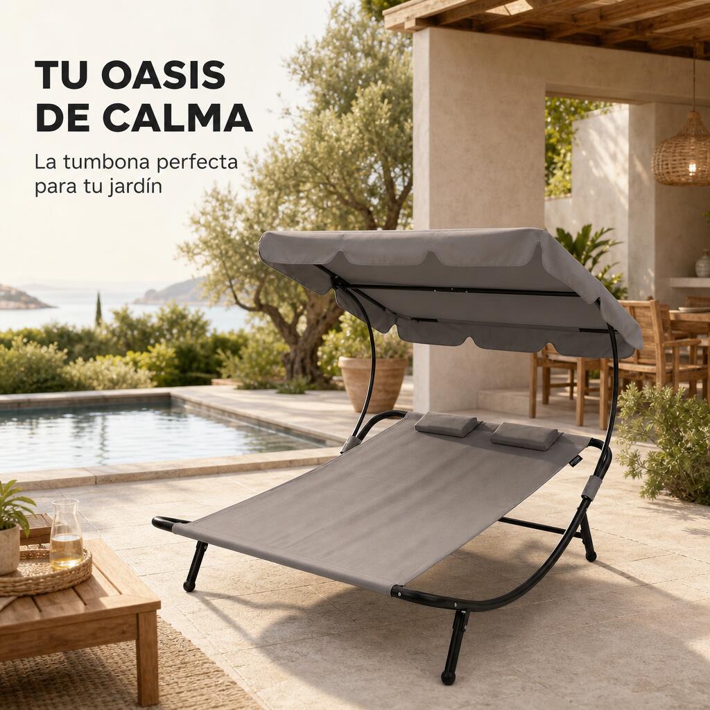 Chaise longue double de jardin balancelle avec parasol réglable 3/7