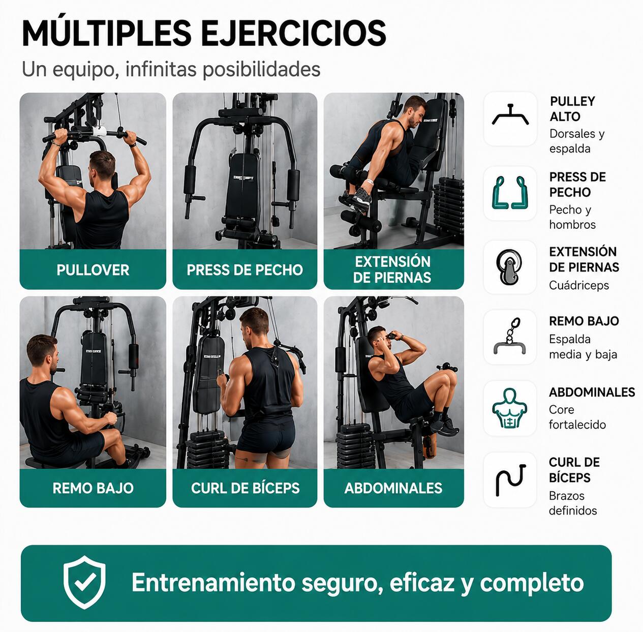 Multiestação de Musculação com Polias e Banco Ergonómico 3/6