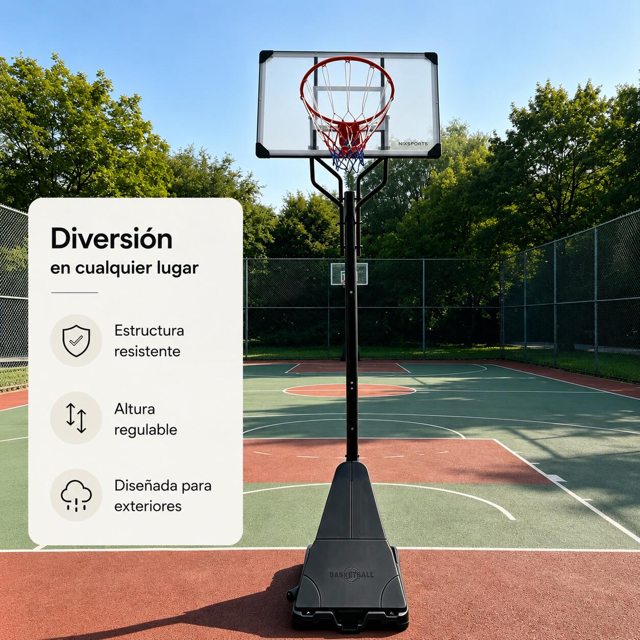 Cesto de basquetebol exterior regulável com base e rodas 3/7