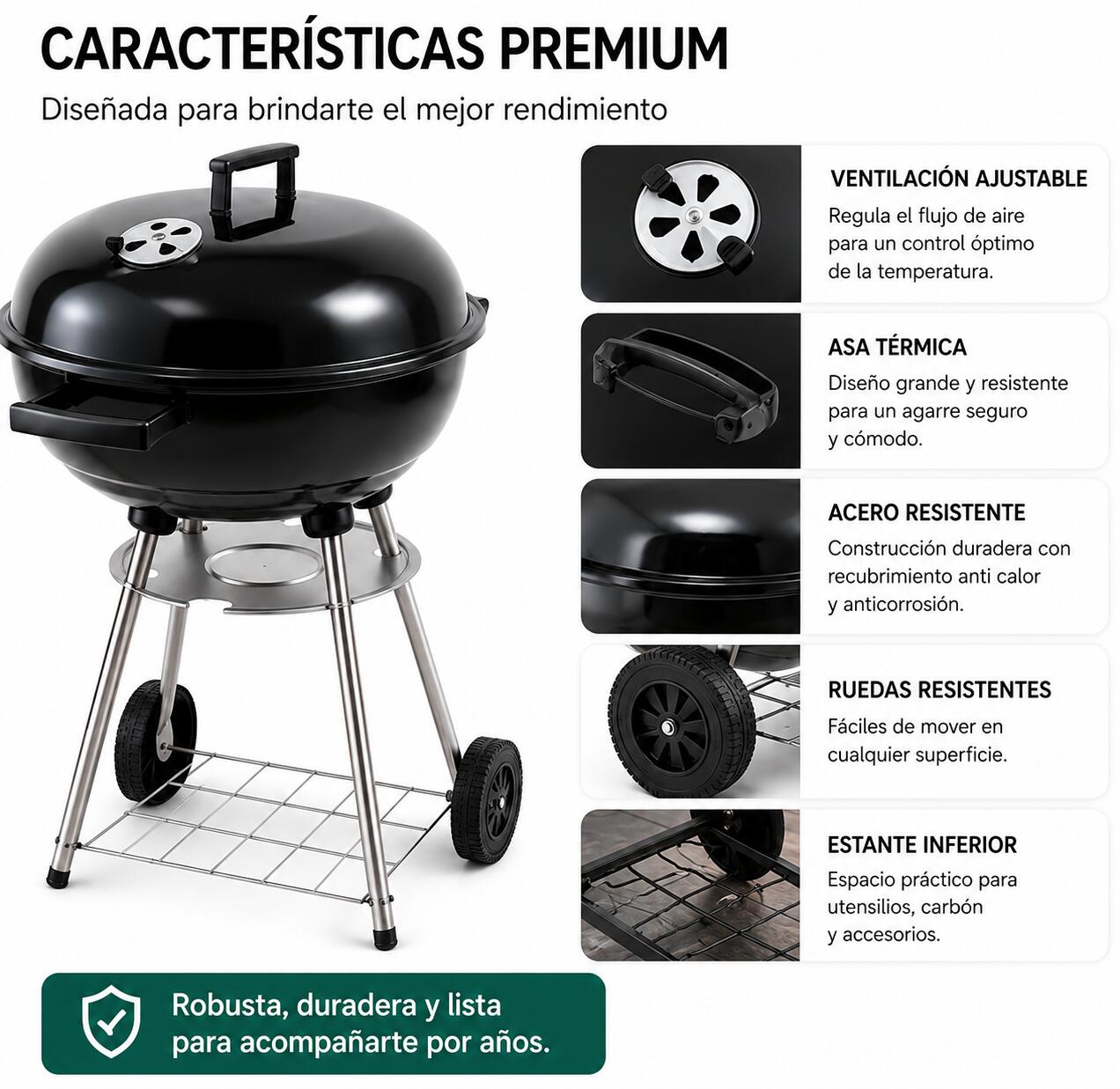 Barbecue a Carbone Rotondo Portatile con Coperchio e Ventilazione 3/6