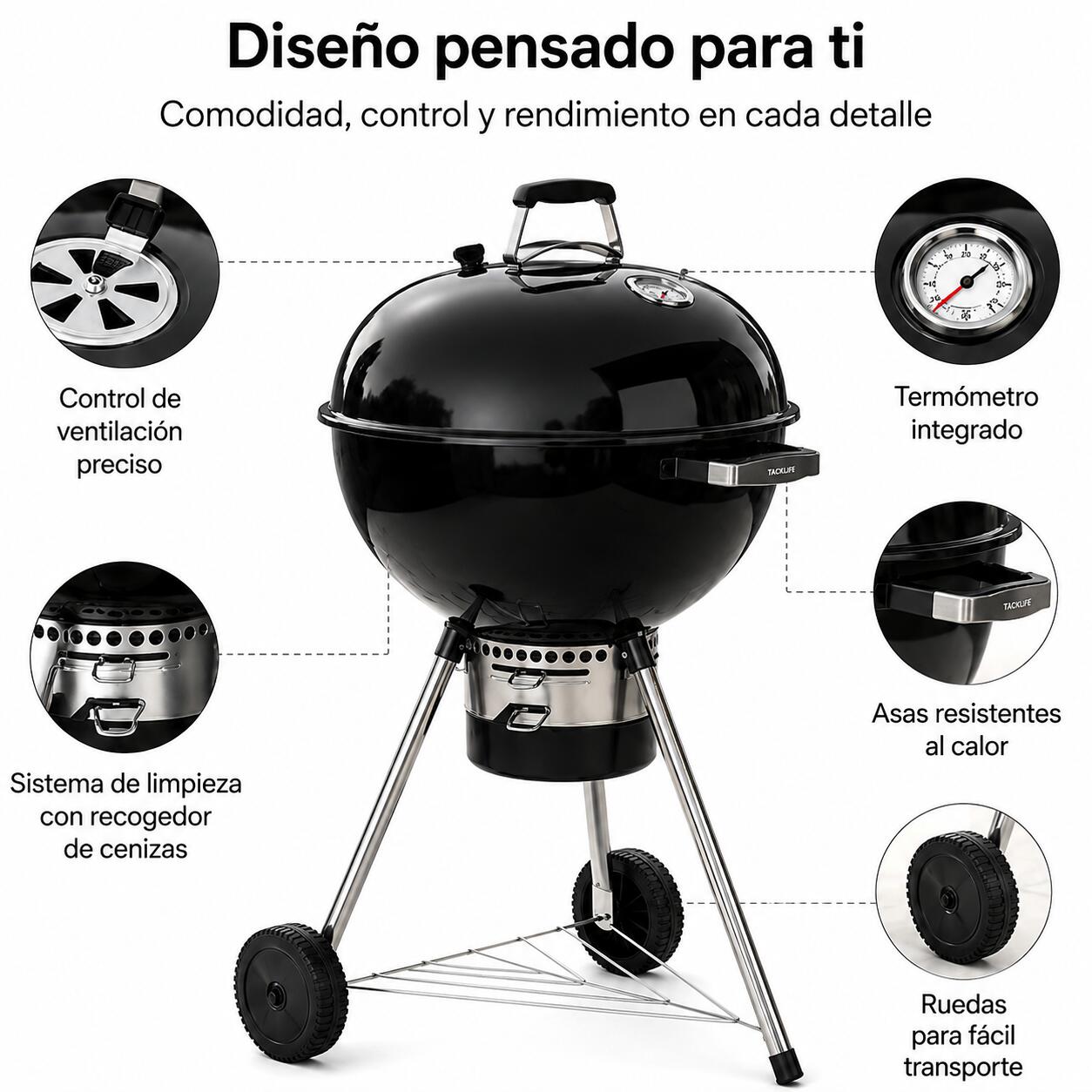Barbecue Portatile a Carbone Rotondo con Coperchio 3/6