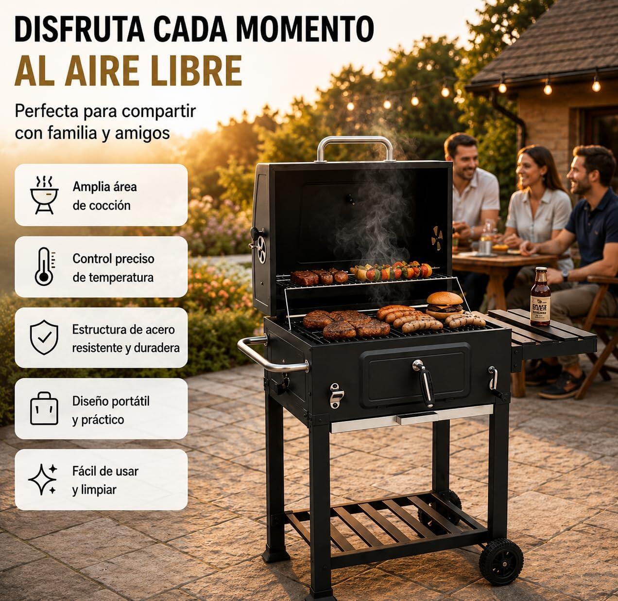 Barbecue a Carbone con Coperchio e Carrello Ausiliario 2/6