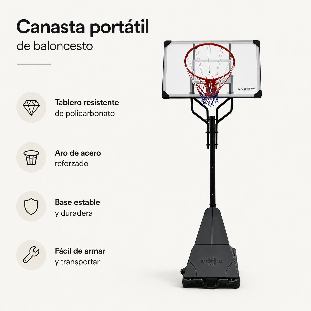 Cesto de basquetebol exterior regulável com base e rodas 2/7