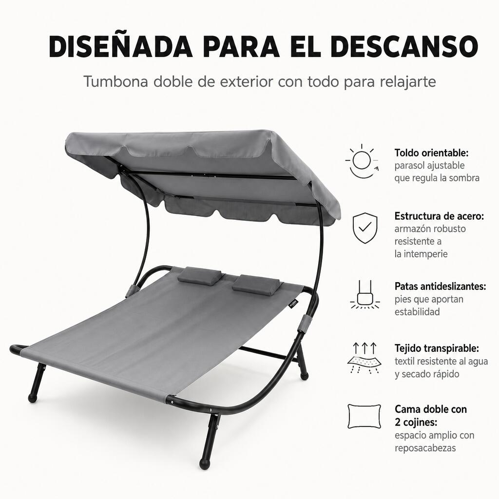 Chaise longue double de jardin balancelle avec parasol réglable 7/7